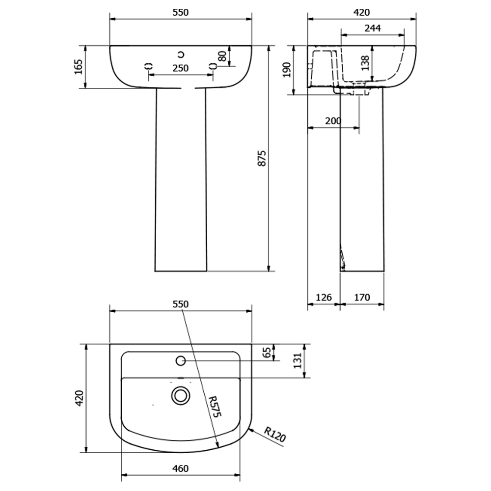 Harbour Grace 550mm 1 Tap Hole Basin & Pedestal