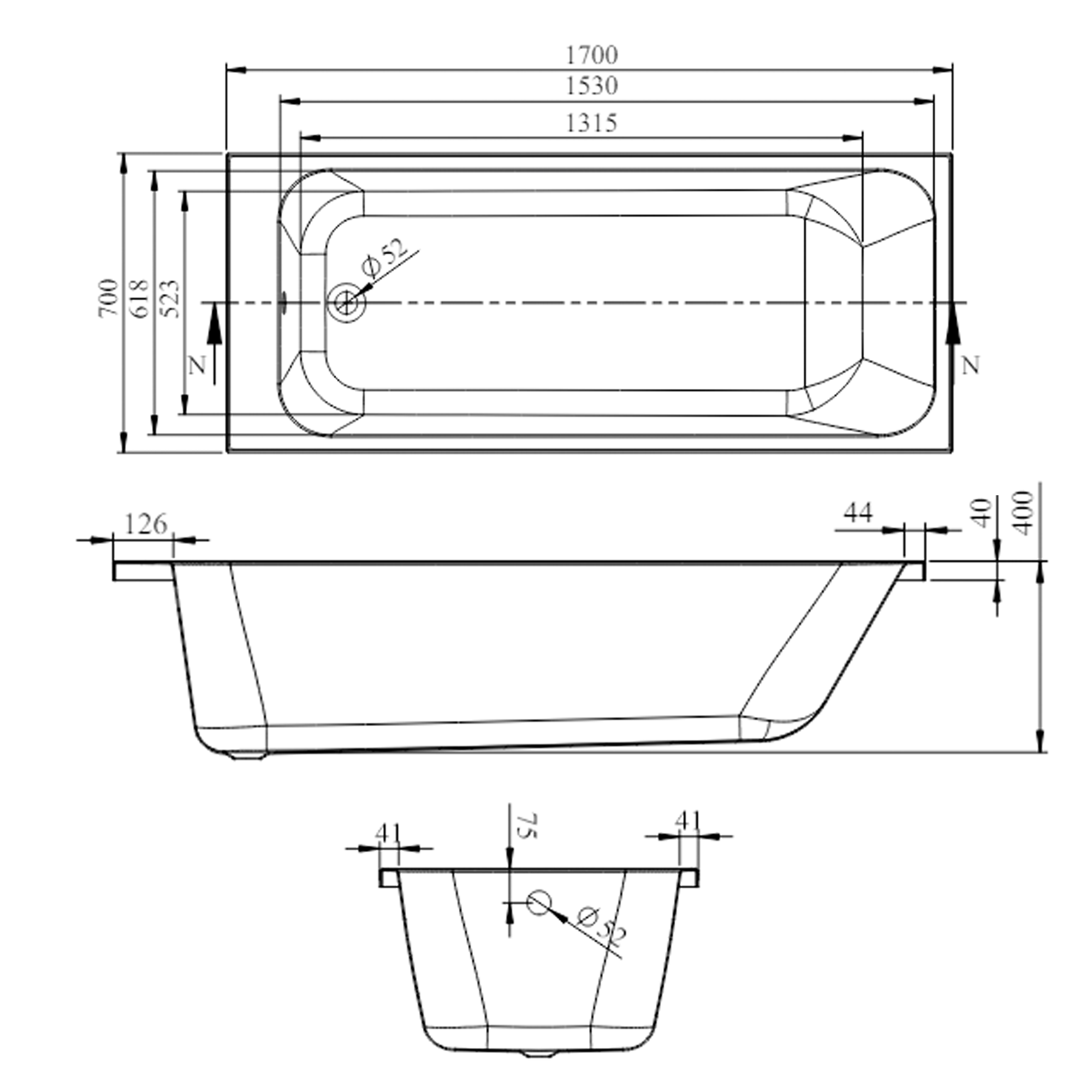 Armourcast Reinforced Slim Edge Single Ended Bath & Brushed Brass Shower Screen - 1700mm