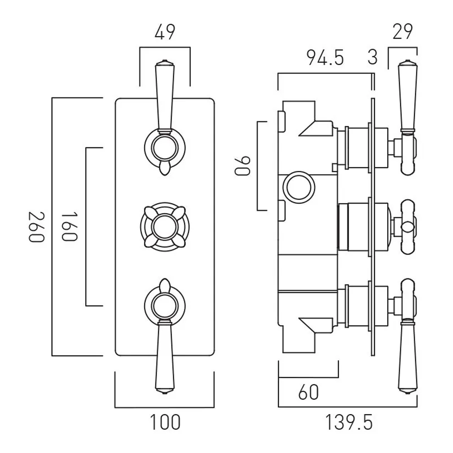 Booth & Co Axbridge Traditional 2 Outlet 3 Handle Concealed Thermostatic Shower Valve