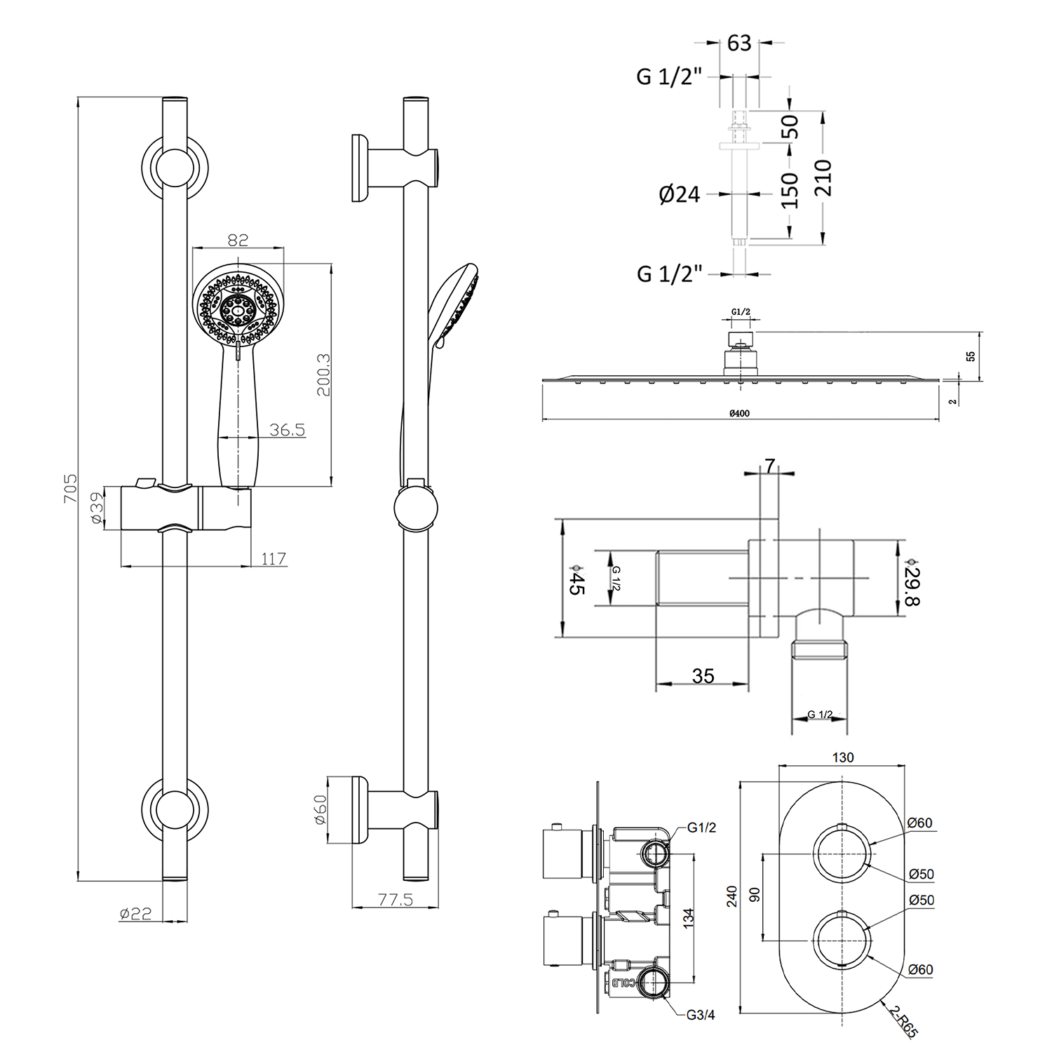 Orla Concealed Shower Valve, Fixed Head & Slide Rail Kit