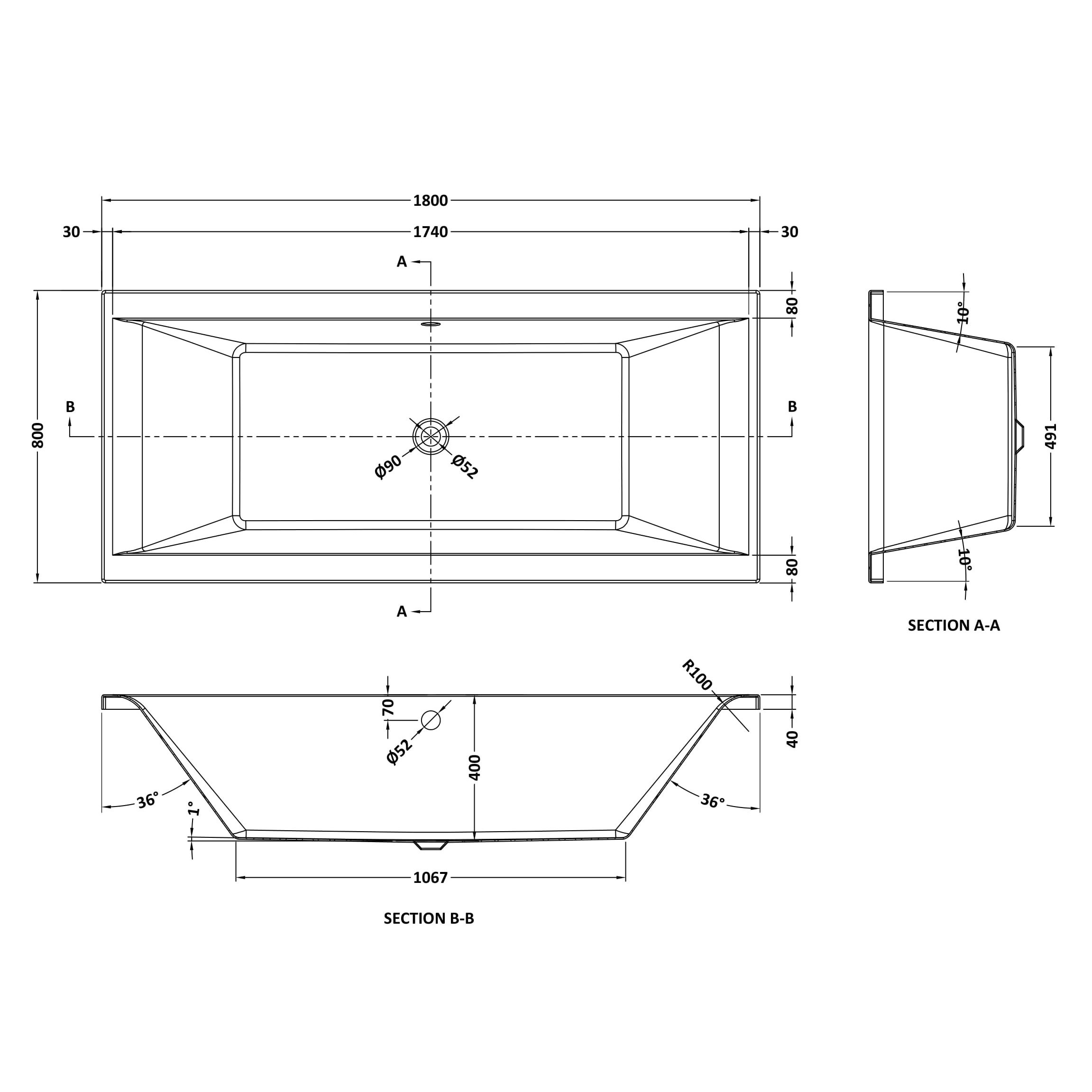 Drench Straight Double Ended Bath - Square