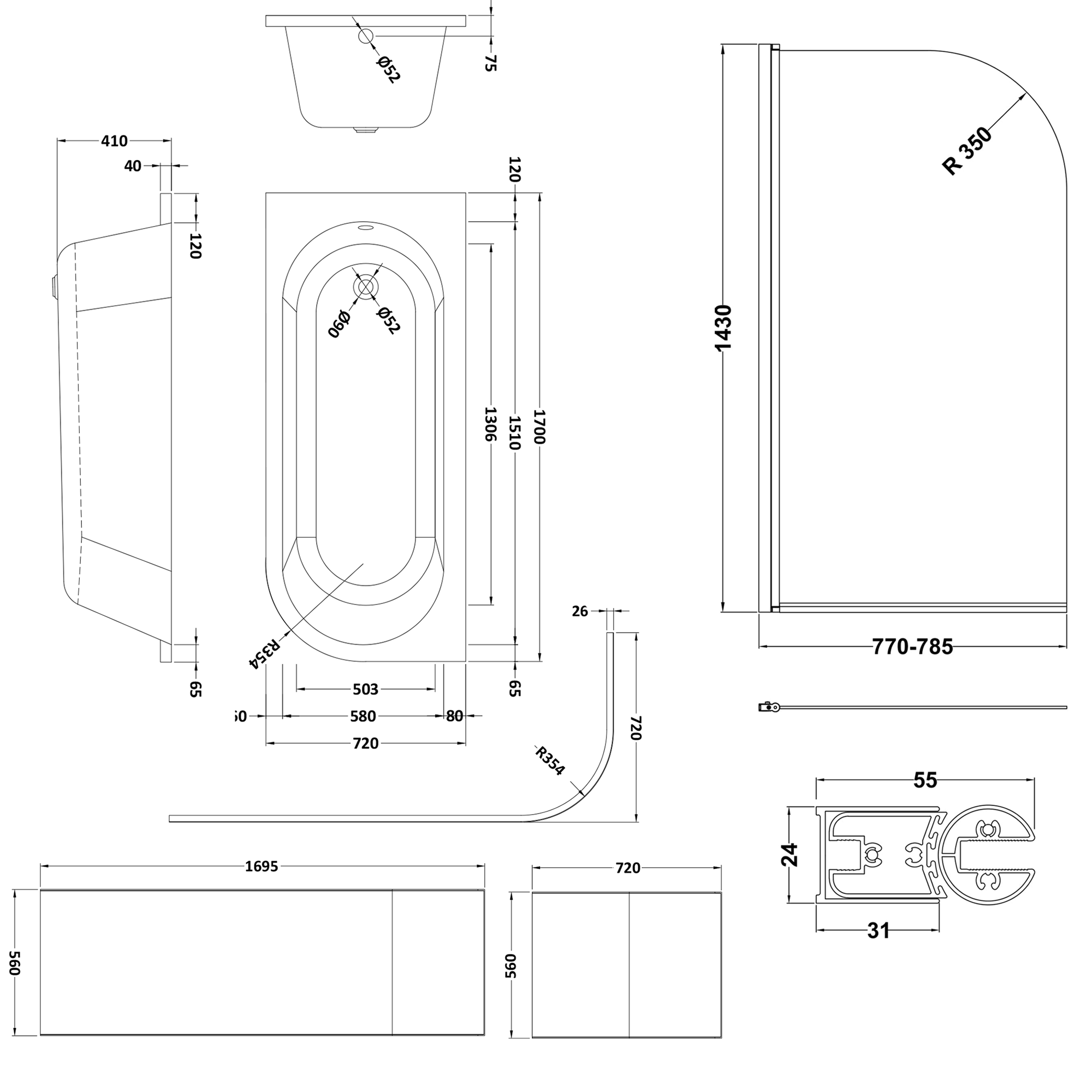 Drench J Shaped Shower Bath with Panel & Shower Screen - 1700mm