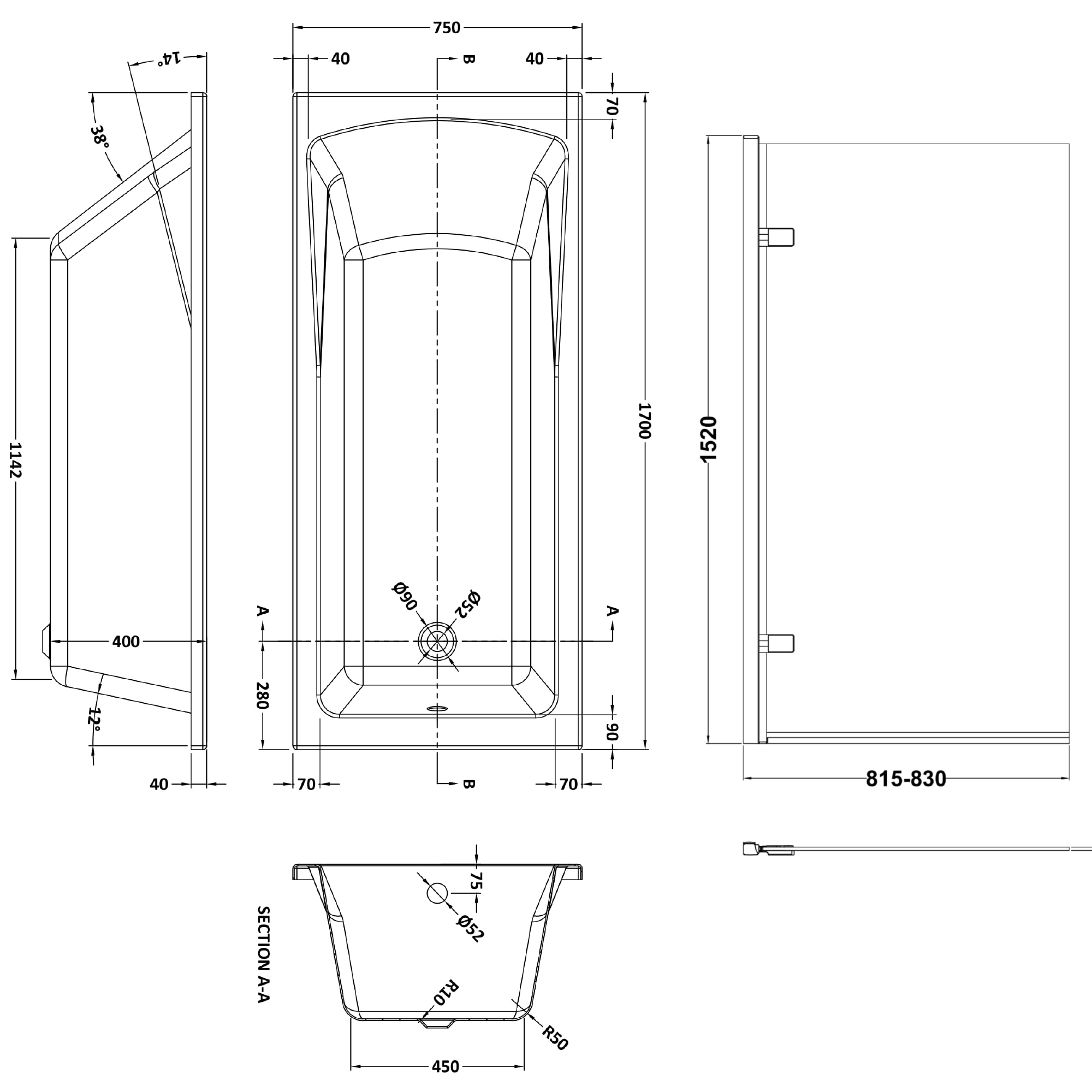 Drench Straight Single Ended Square Bath & Brushed Brass Shower Screen