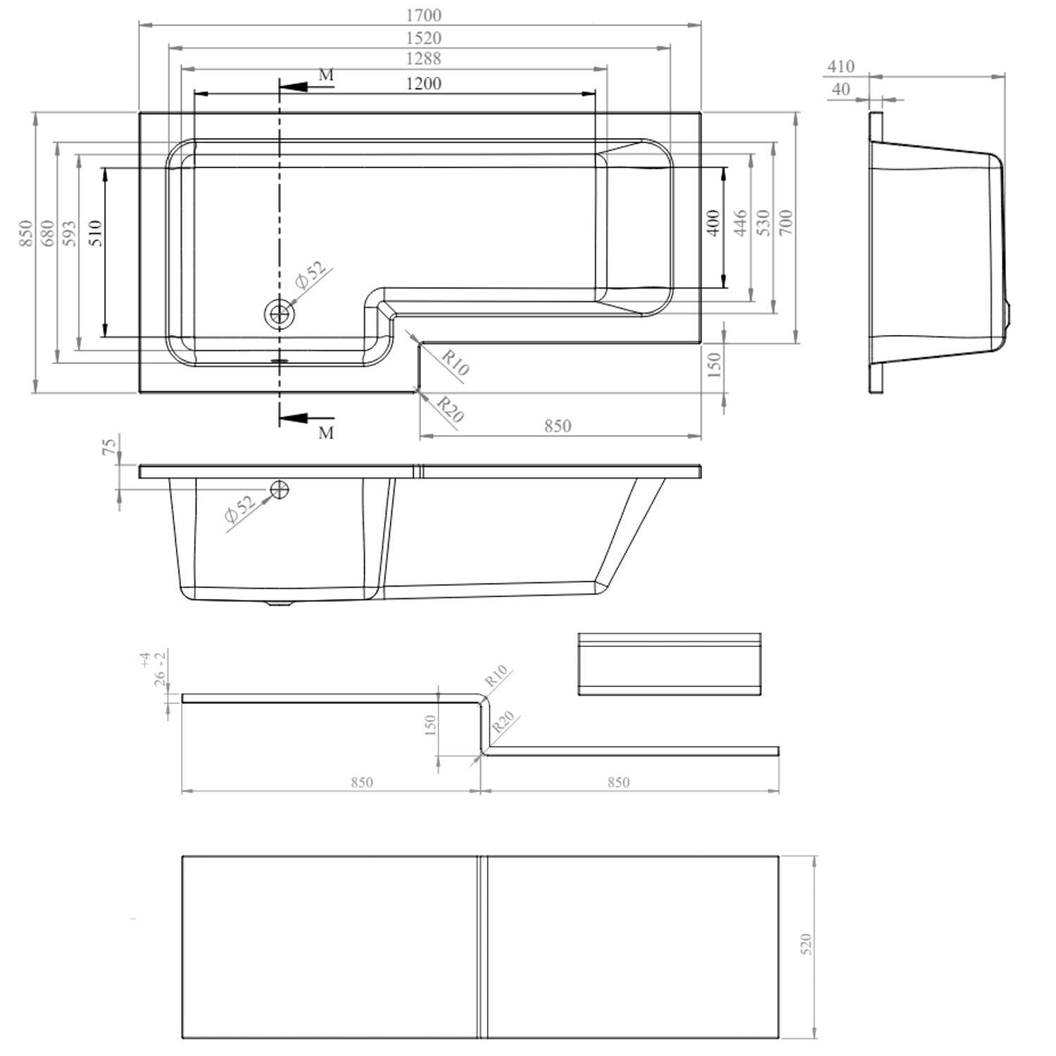 Armourcast Reinforced L Shape Single Ended Bath with Panel & Shower Screen - 1700 x 700