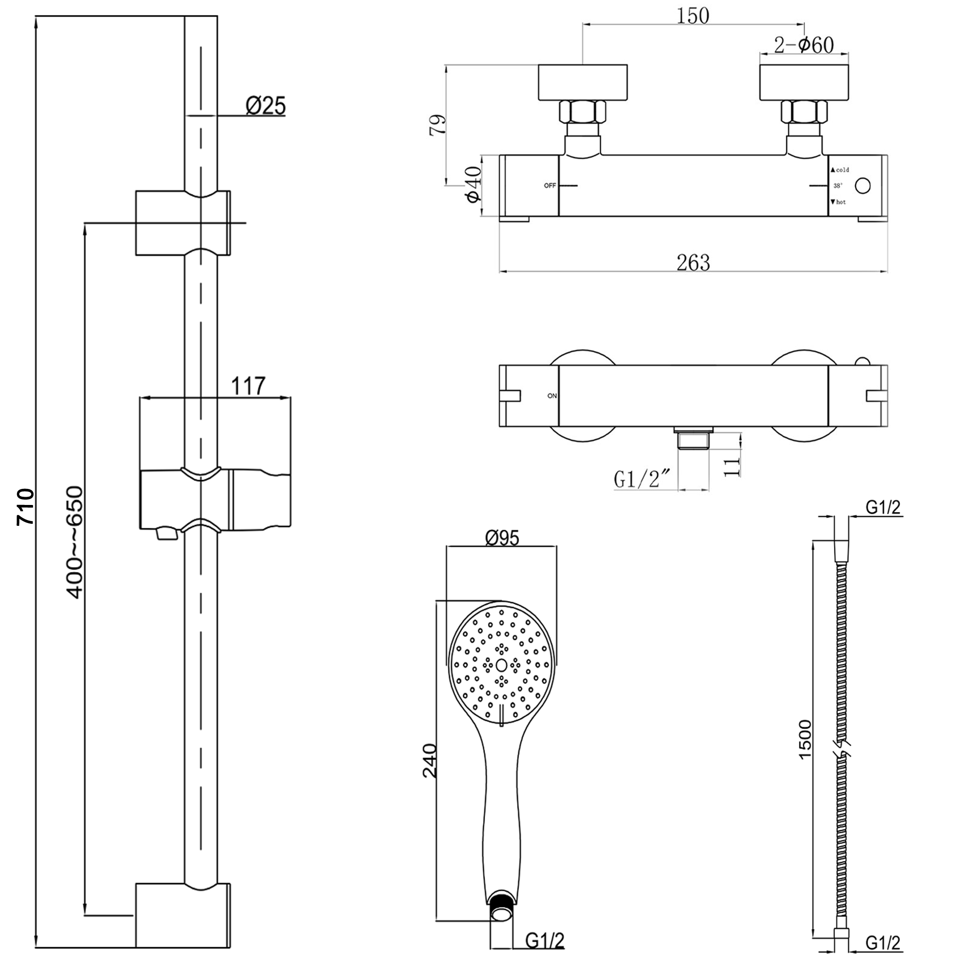 Harbour Clarity Matt Black Exposed Thermostatic Bar Shower Valve and Shower Rail Kit