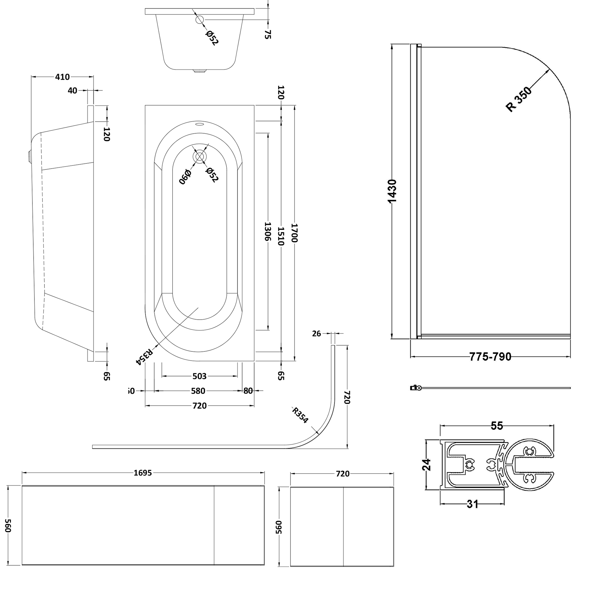 Drench J Shaped Shower Bath with Panel & Brushed Brass Shower Screen - 1700mm