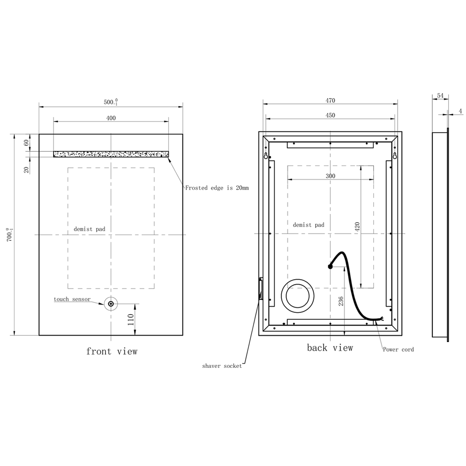 Vellamo LED Illuminated Bathroom Mirror with Demister Pad & Shaver Socket - 500 x 700mm
