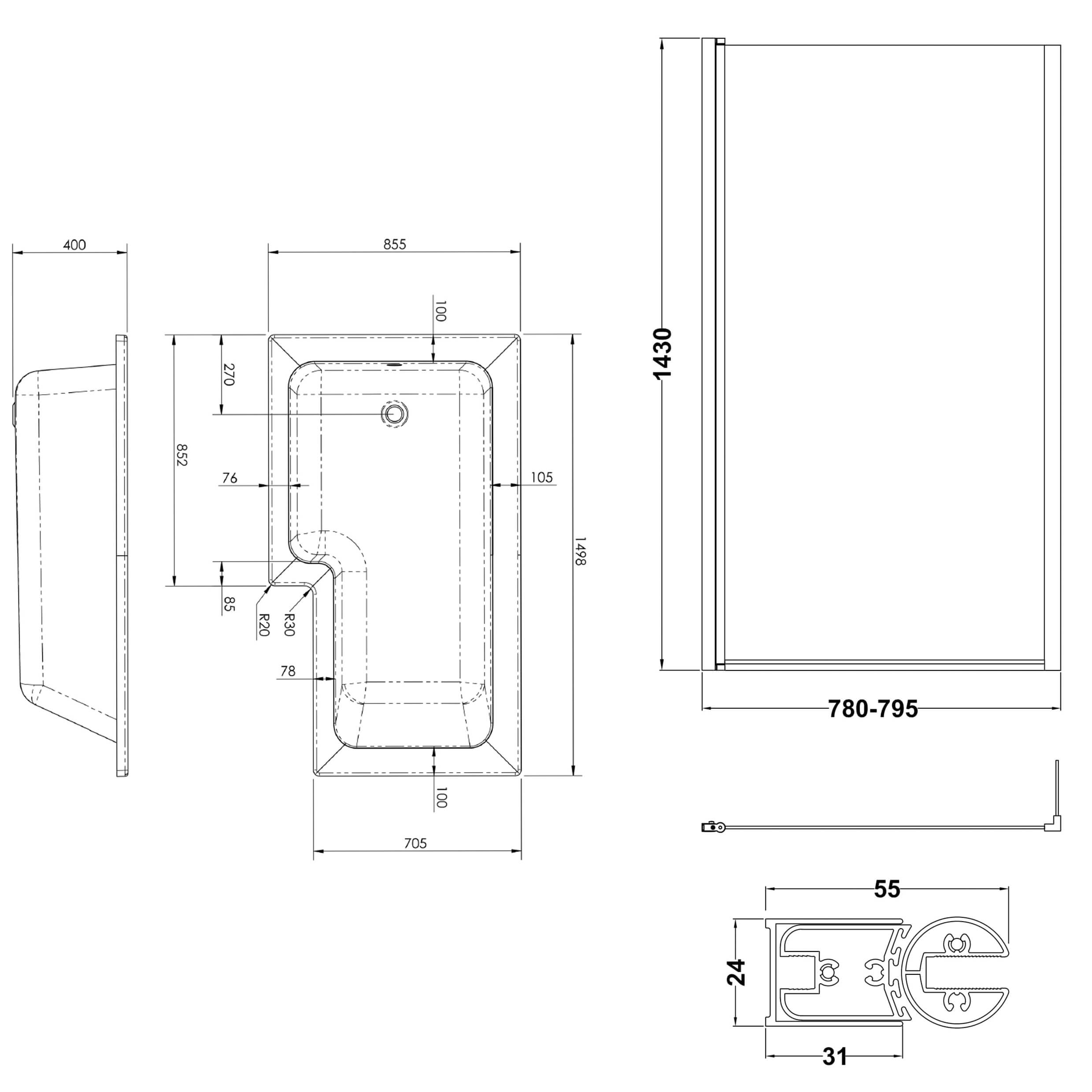 Drench L Shaped Shower Bath with Panel and Shower Screen - 1500mm