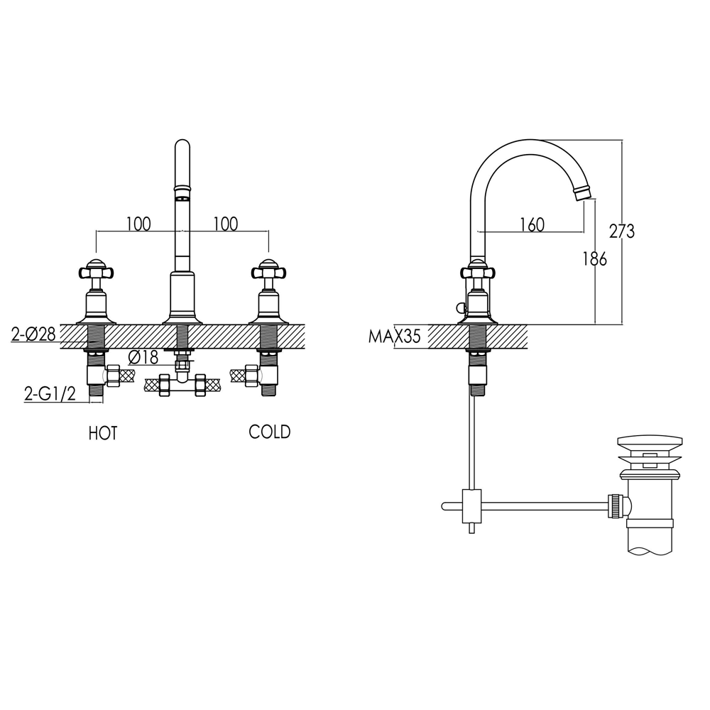 Butler & Rose Caledonia Pinch 3 Hole Basin Mixer Tap