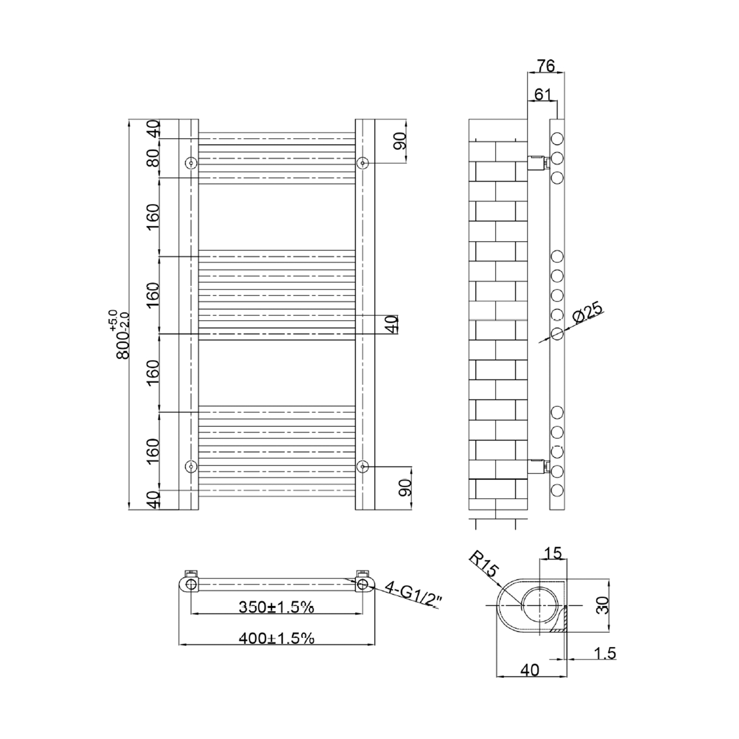 VOS 25mm Bars Ladder Heated Towel Rail