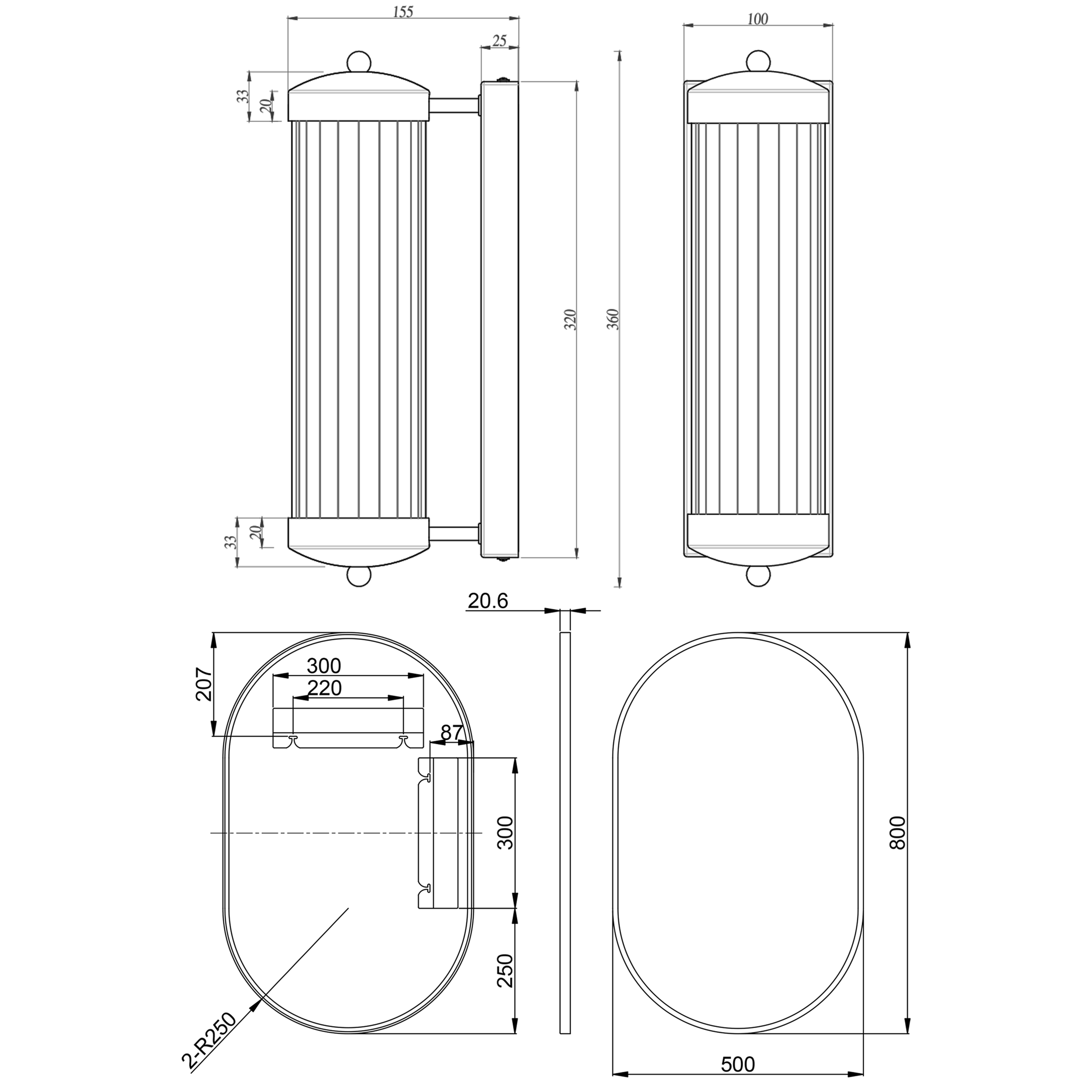 Billy Oval Framed Mirror with Set Of 2 Fluted Lantern Wall Lights in Matt Black
