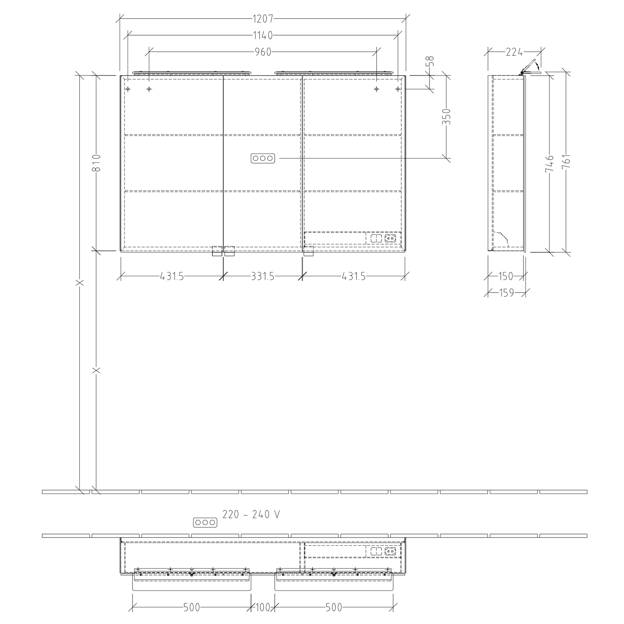 Villeroy & Boch My View One 3 Door LED Illuminated Mirrored Cabinet & Shaver Socket - 1207 x 810mm