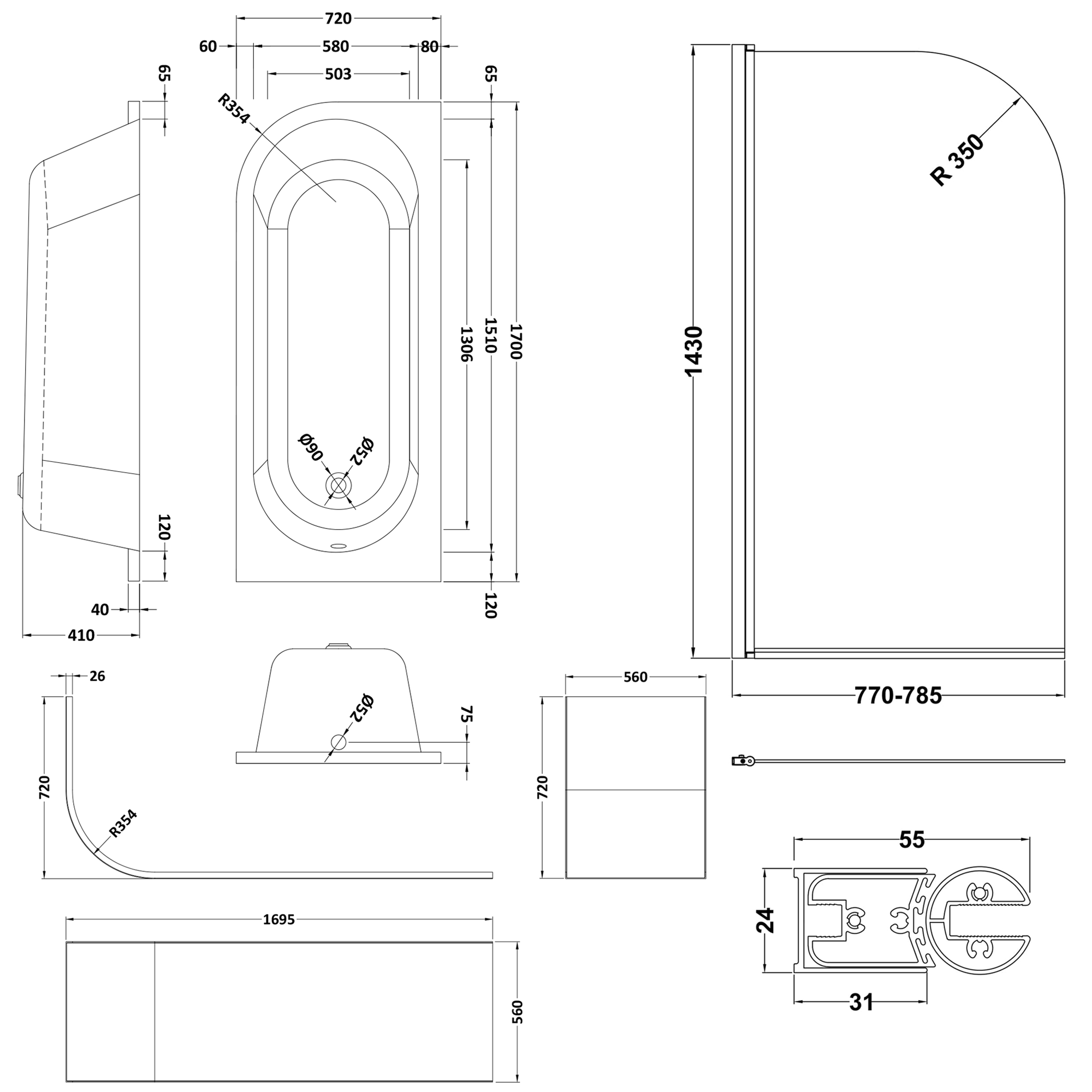Drench J Shaped Shower Bath with Panel & Shower Screen - 1700mm