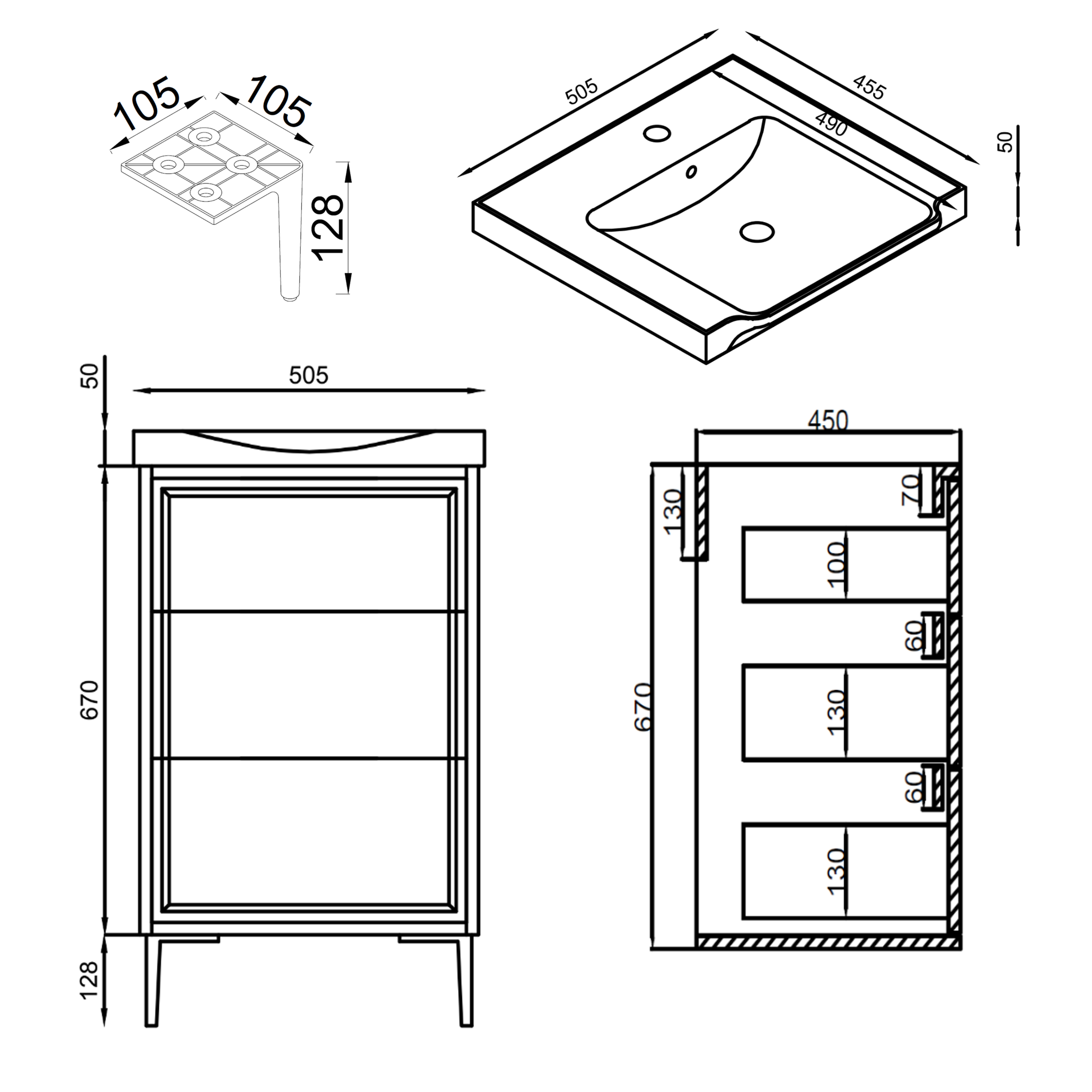 Elara 500mm Floorstanding Vanity Unit & Basin with Leg Set
