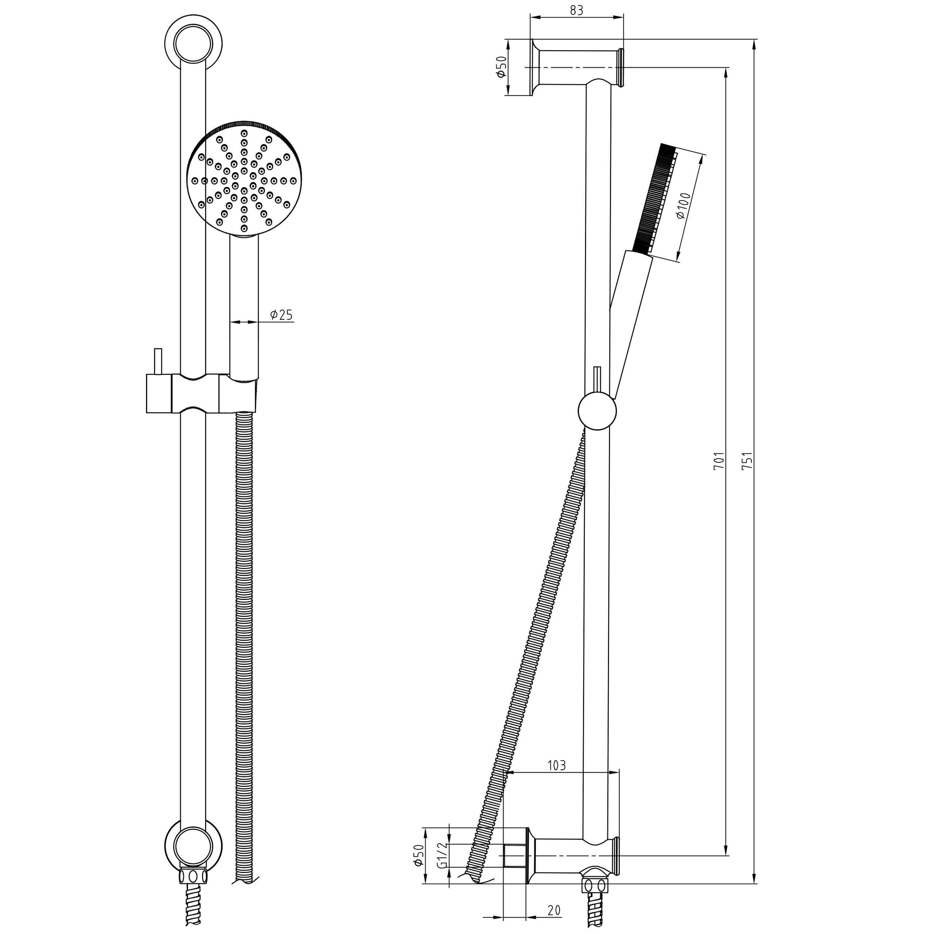 Core Fluted Slide Rail Shower Kit, Handset & Hose with Integrated Elbow