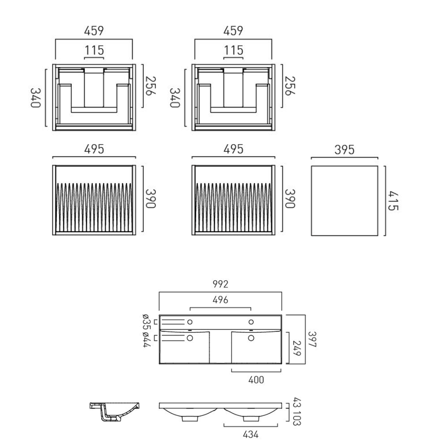 Vado Safari 1000mm Fluted Wall Hung Vanity Unit & Double Basin