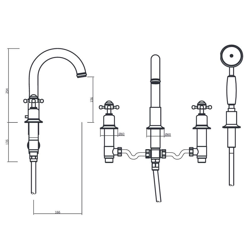 Crosswater Belgravia Crosshead 4 Hole Bath Filler Tap with Shower Kit