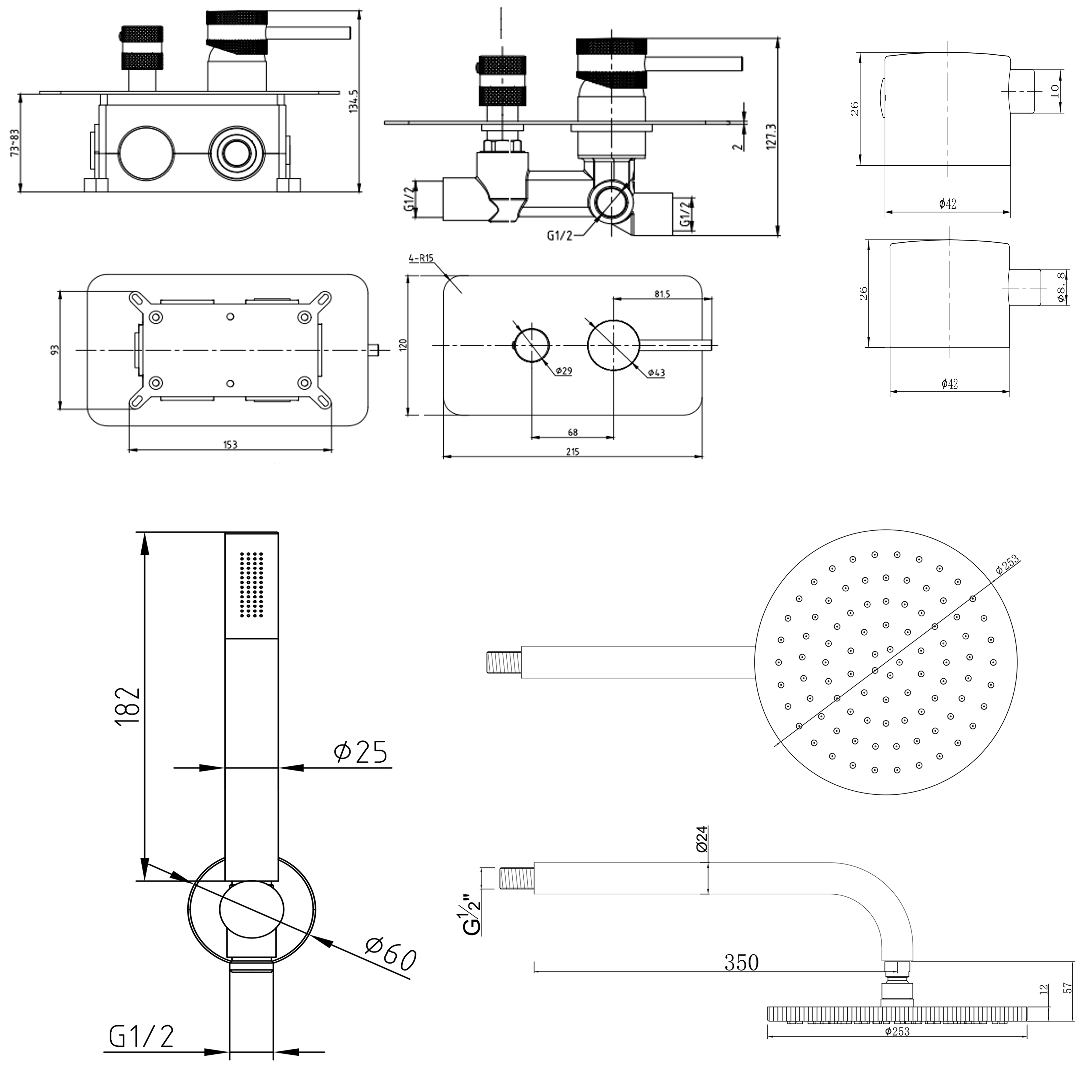 Core Shower Package with 2 Outlet Manual Valve, Fixed Wall Mounted Shower Head & Shower Kit