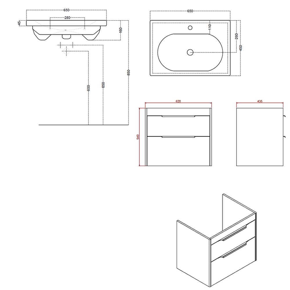 Britton Bathrooms Shoreditch 650mm Double Drawer Wall Mounted Vanity Unit with Chrome Handles & Basin