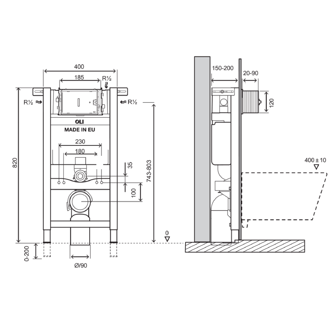 VOS 0.82m Cistern Frame for Wall Hung Toilets