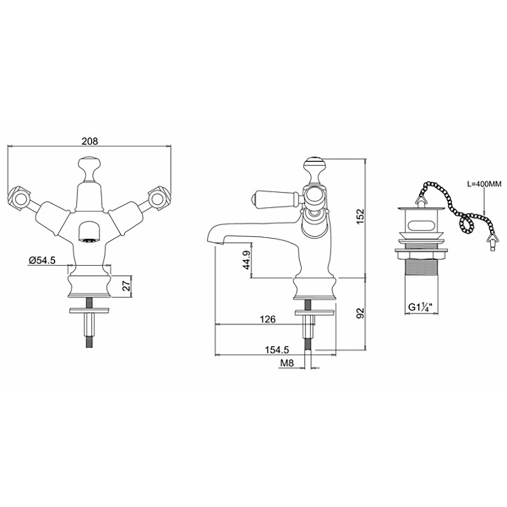 Burlington Kensington Basin Mixer Tap with High Central Indice and Waste