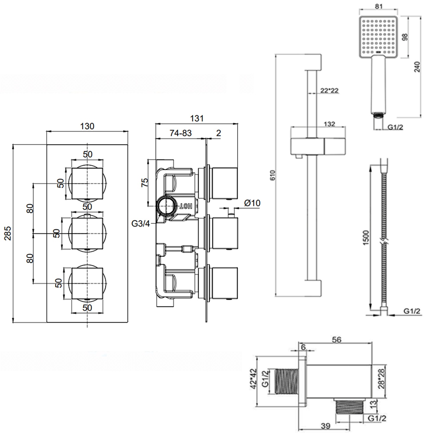Harbour Status Matt Black Concealed Shower Valve, Shower Rail Kit & Overflow Bath Filler