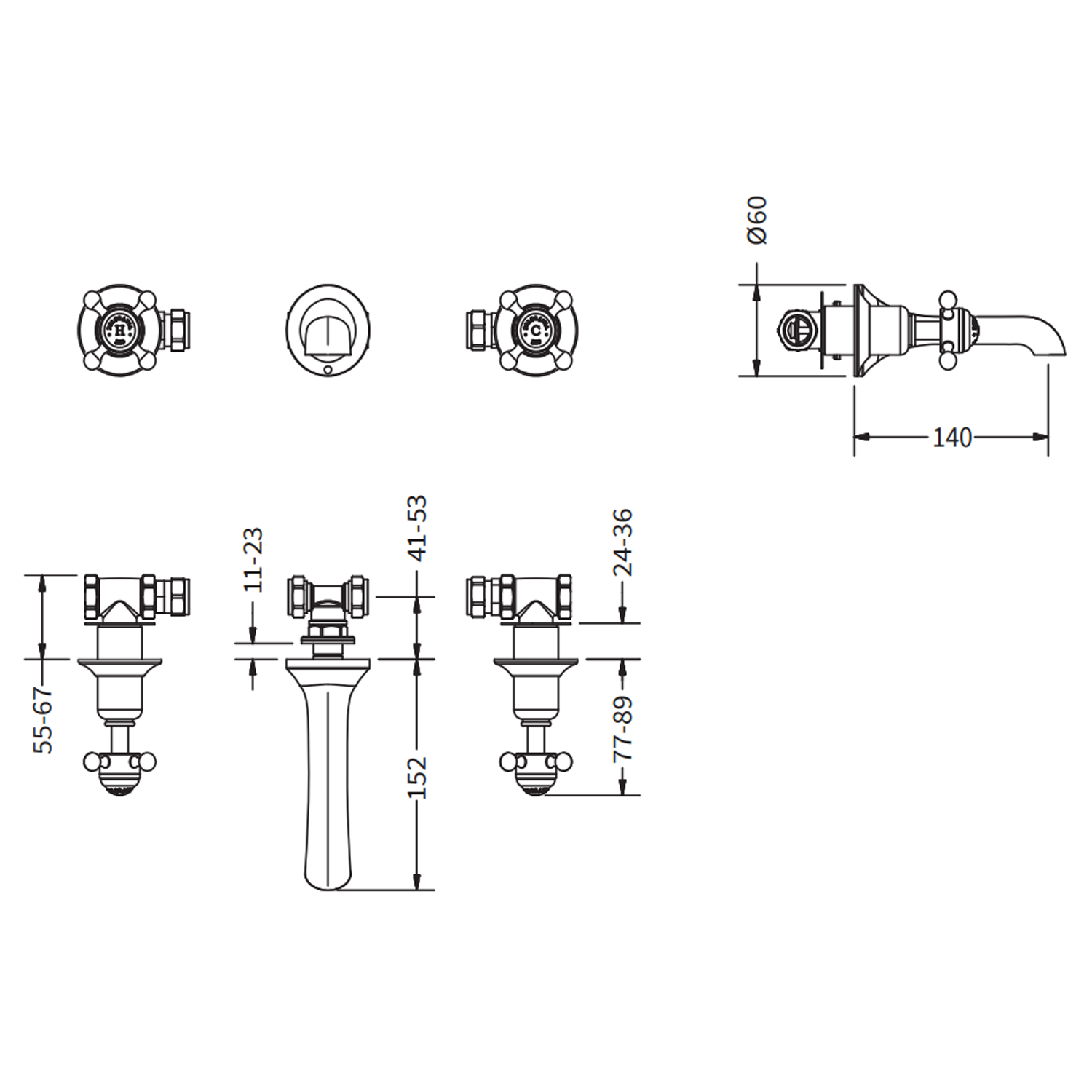 Crosswater Belgravia Crosshead Wall Mounted 3 Hole Basin Mixer Tap - Chrome