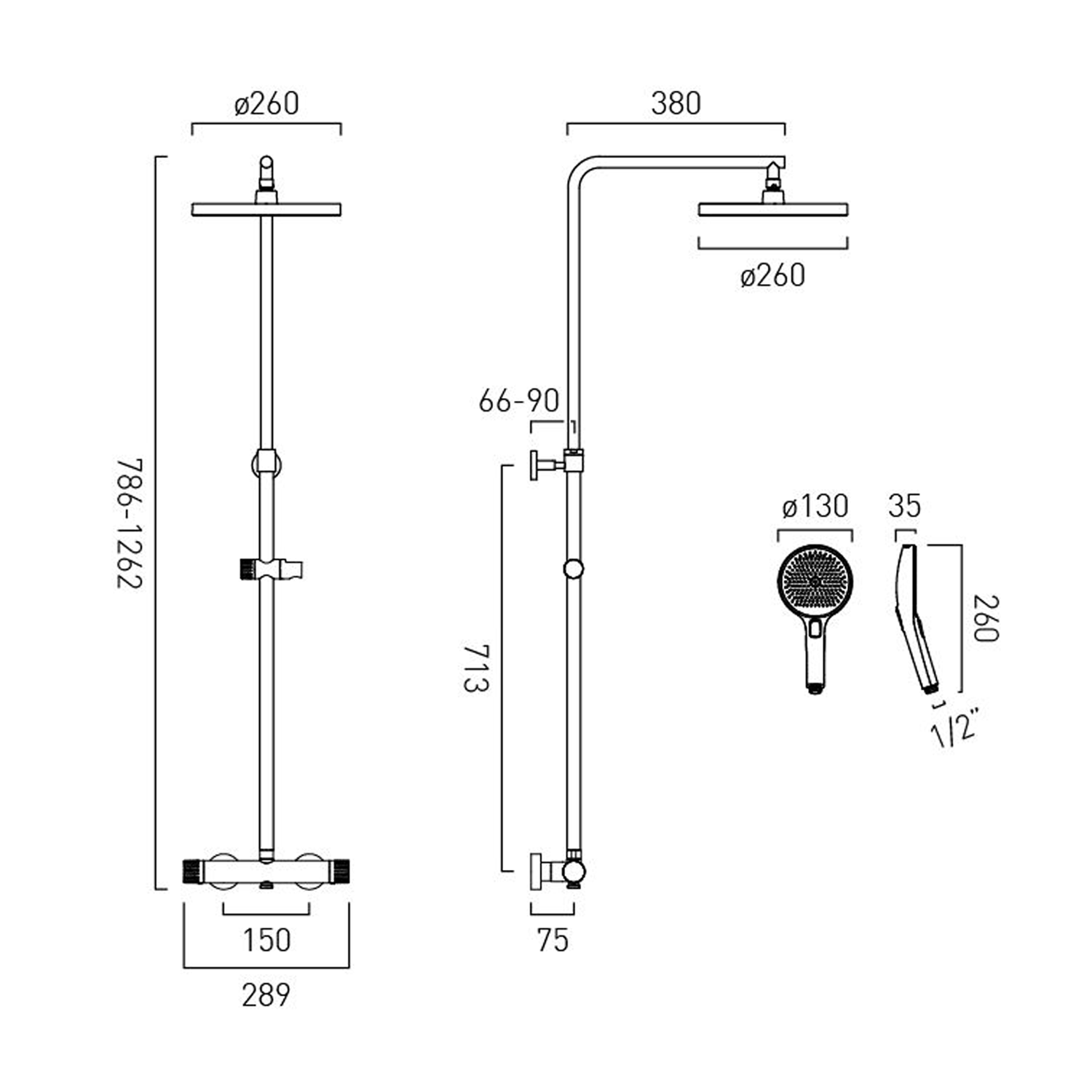 Vado Safari Leverless Exposed Thermostatic Rigid Riser Shower with Multi Function Handset & Easyfit Brackets