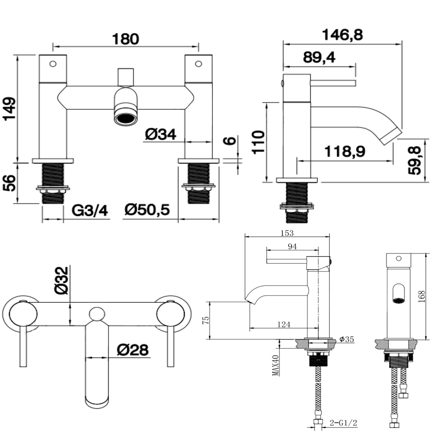 Harbour Clarity Brushed Brass Basin Mixer Tap & Waste and Deck Mounted Bath Mixer Tap