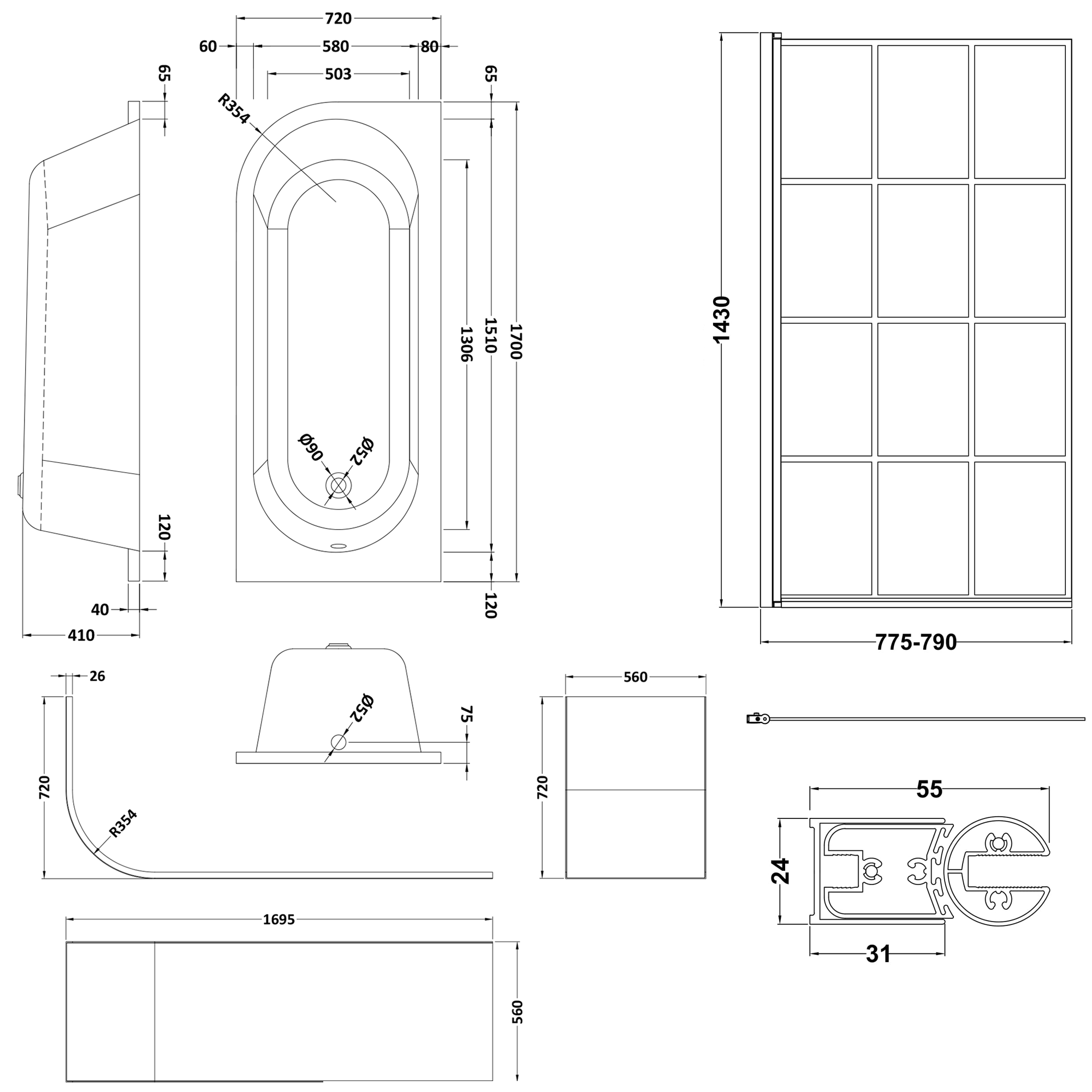 Drench J Shaped Shower Bath with Panel & Shower Screen - 1700mm