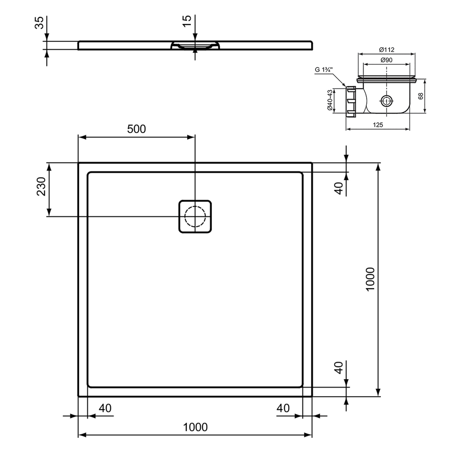 Ideal Standard Ultra Flat Evo Square Anti-Slip Acrylic Shower Tray with Offset Waste - 4 Sizes