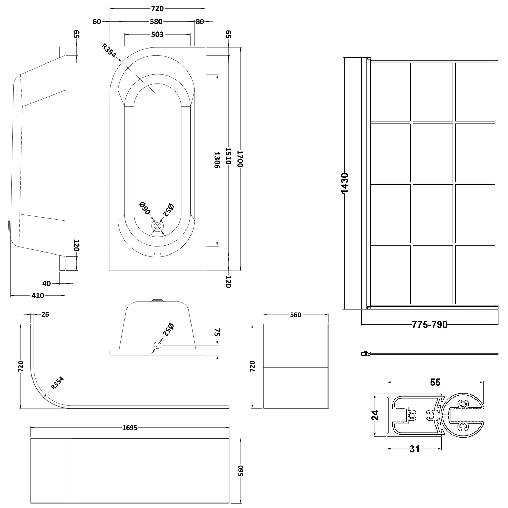 Drench J Shaped Shower Bath with Panel & Matt Black Shower Screen - 1700mm