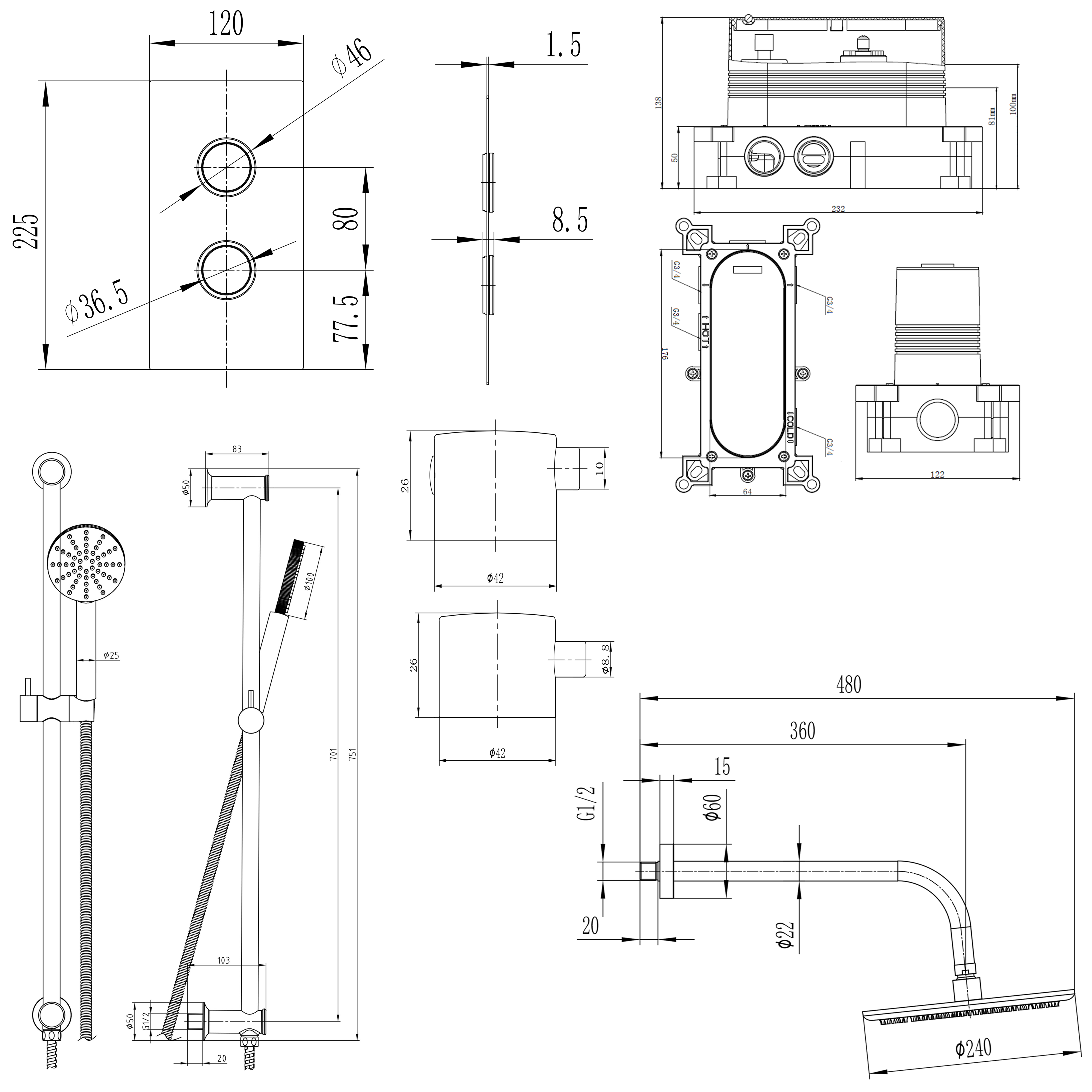 Core Shower Package with 2 Outlet Concealed Valve, Shower Head & Fluted Handset Slide Rail Kit
