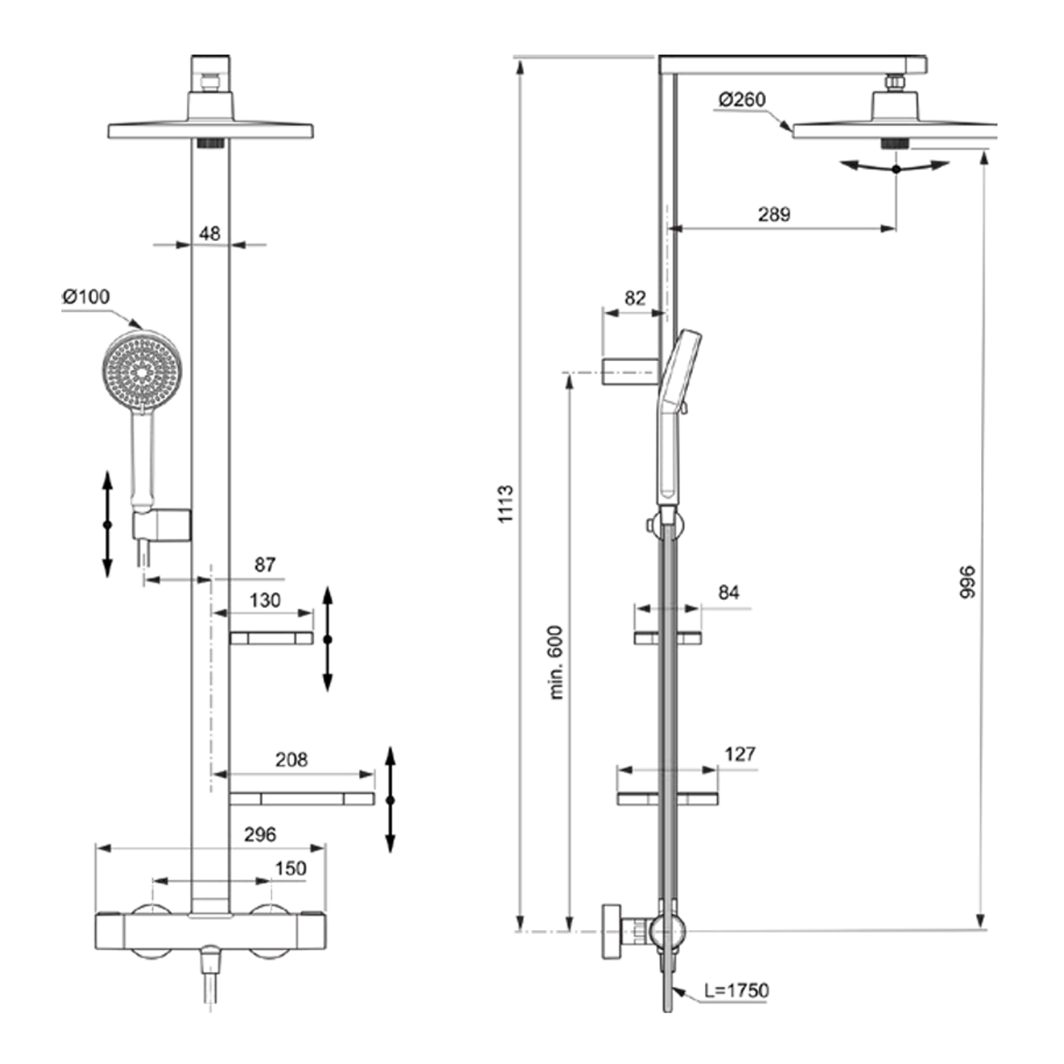 Ideal Standard Ceratherm Alu+ Exposed Thermostatic Shower Kit with Multi-Function Shower Head, Handset & 2 Shelves