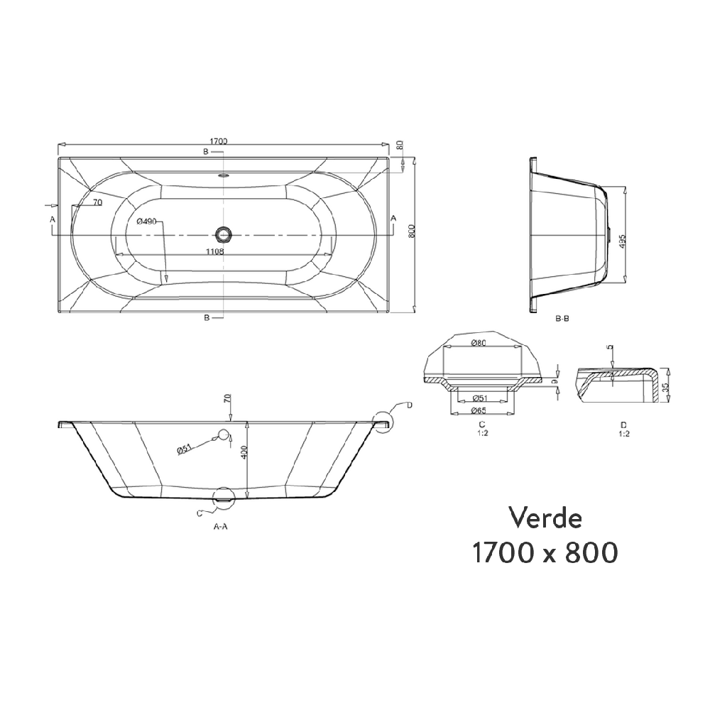Britton Bathrooms Verde Reinforced Double Ended Bath - 1600, 1700 & 1800mm
