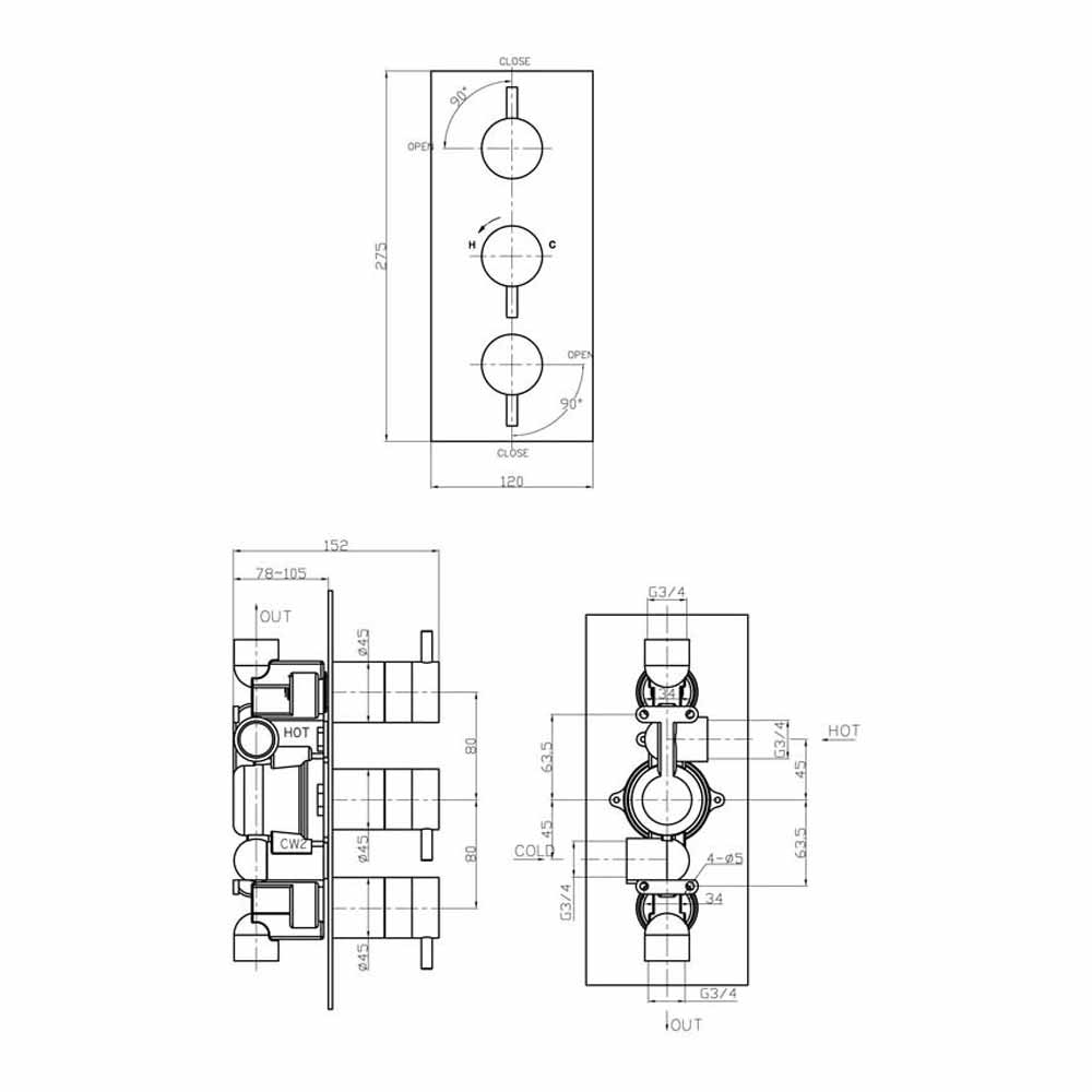 Crosswater Kai Lever Concealed Thermostatic Shower Valve 2 Outlet 3 Control