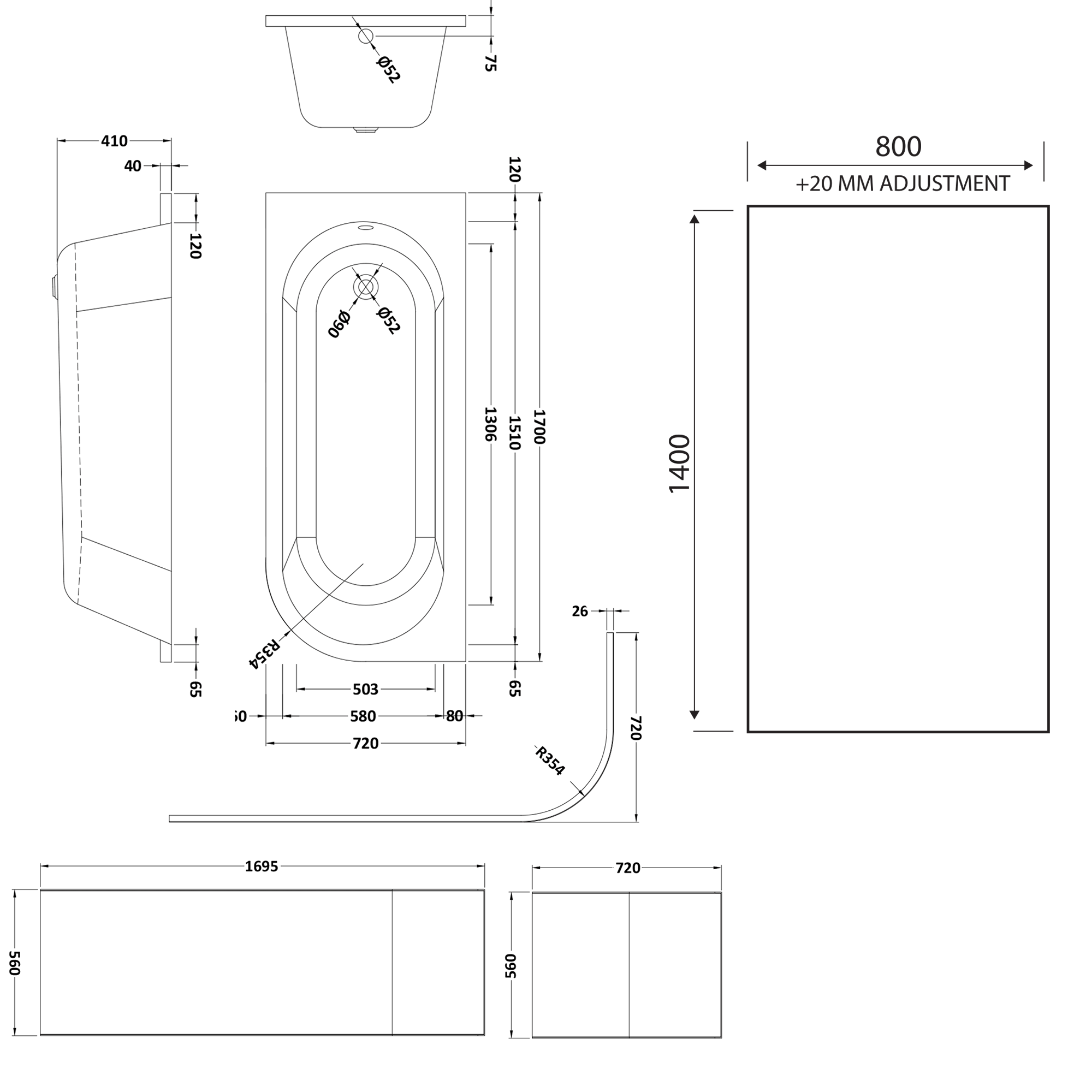 Drench J Shaped Shower Bath with Panel & Shower Screen - 1700mm