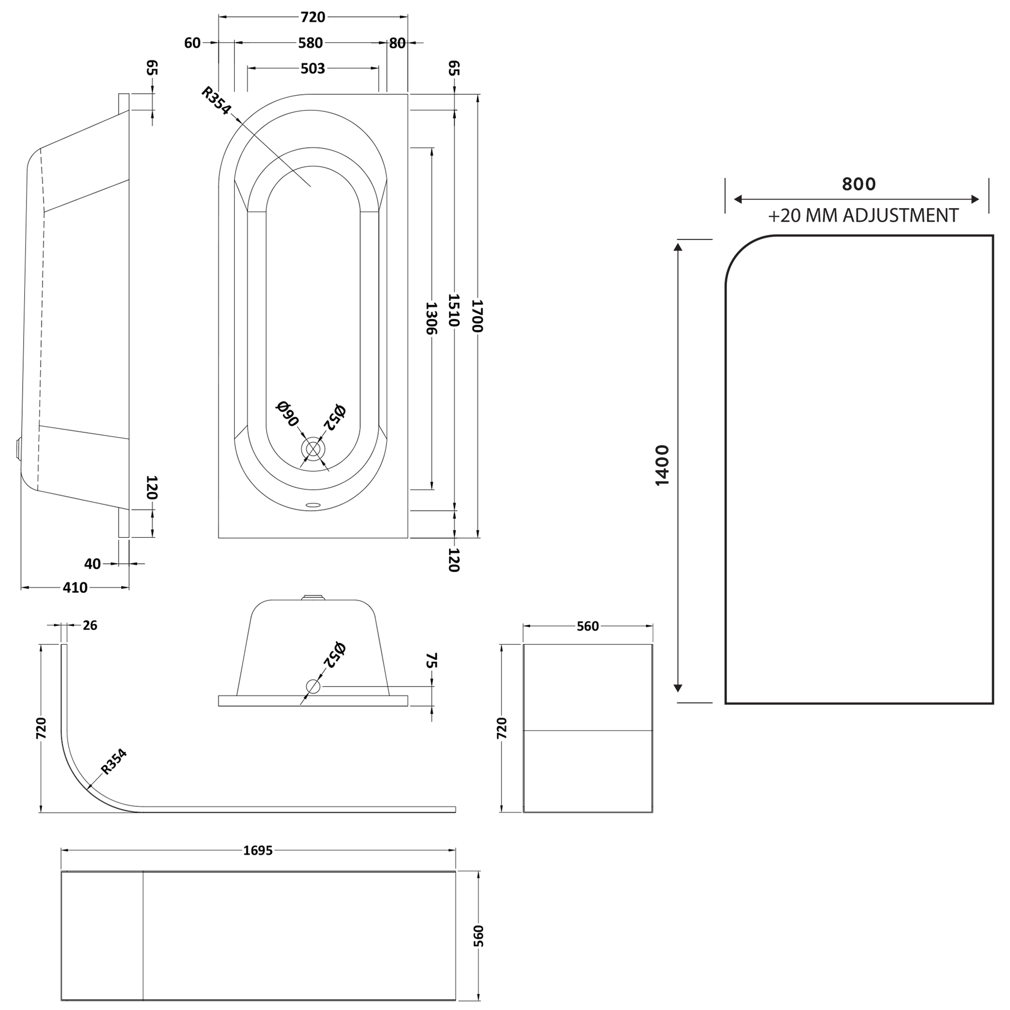 Drench J Shaped Shower Bath with Panel & Shower Screen - 1700mm
