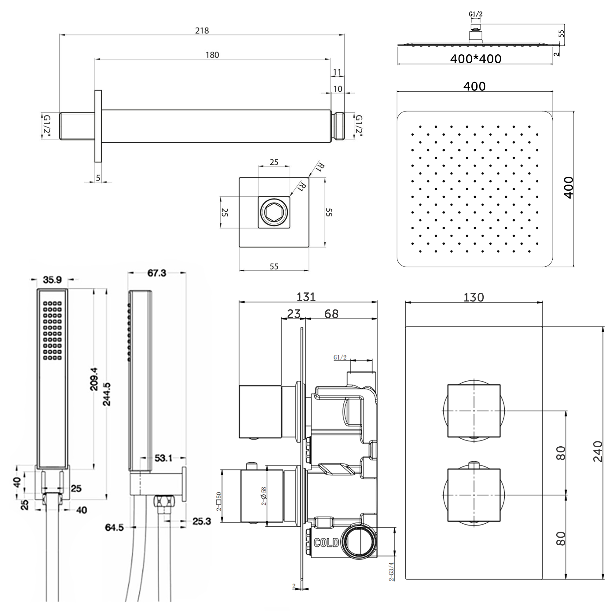 James Concealed Shower Valve, Fixed Head & Shower Handset Kit