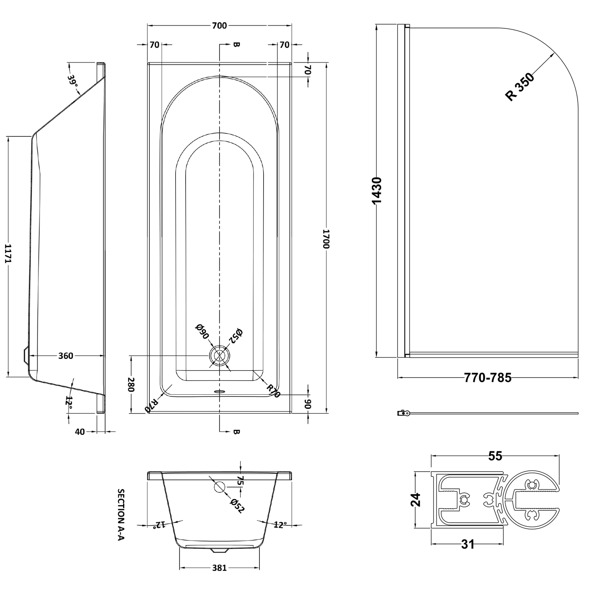 Drench Straight Single Ended Curved Bath & Shower Screen