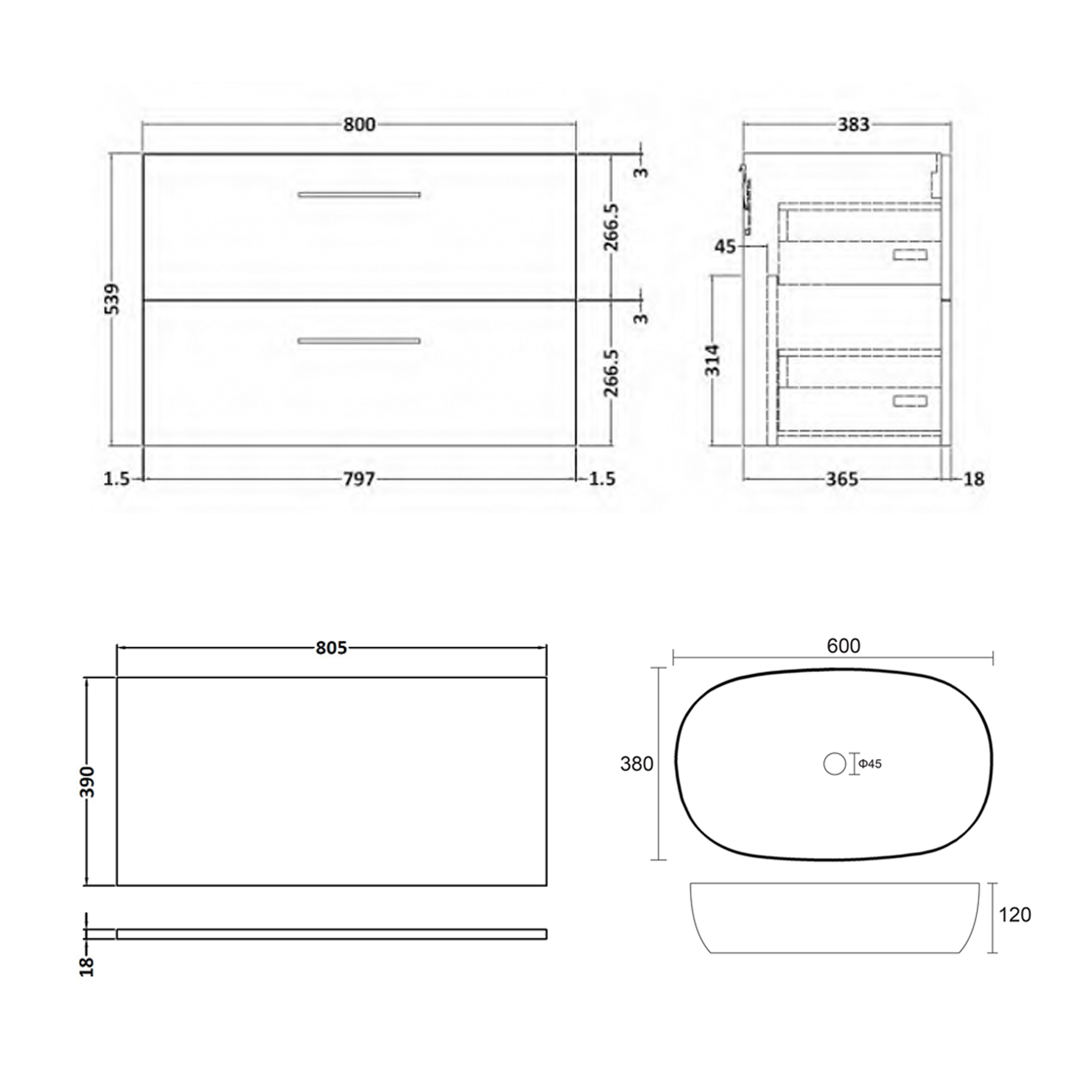 Erin 800mm Wall Mounted 2 Drawer Vanity Unit & Countertop