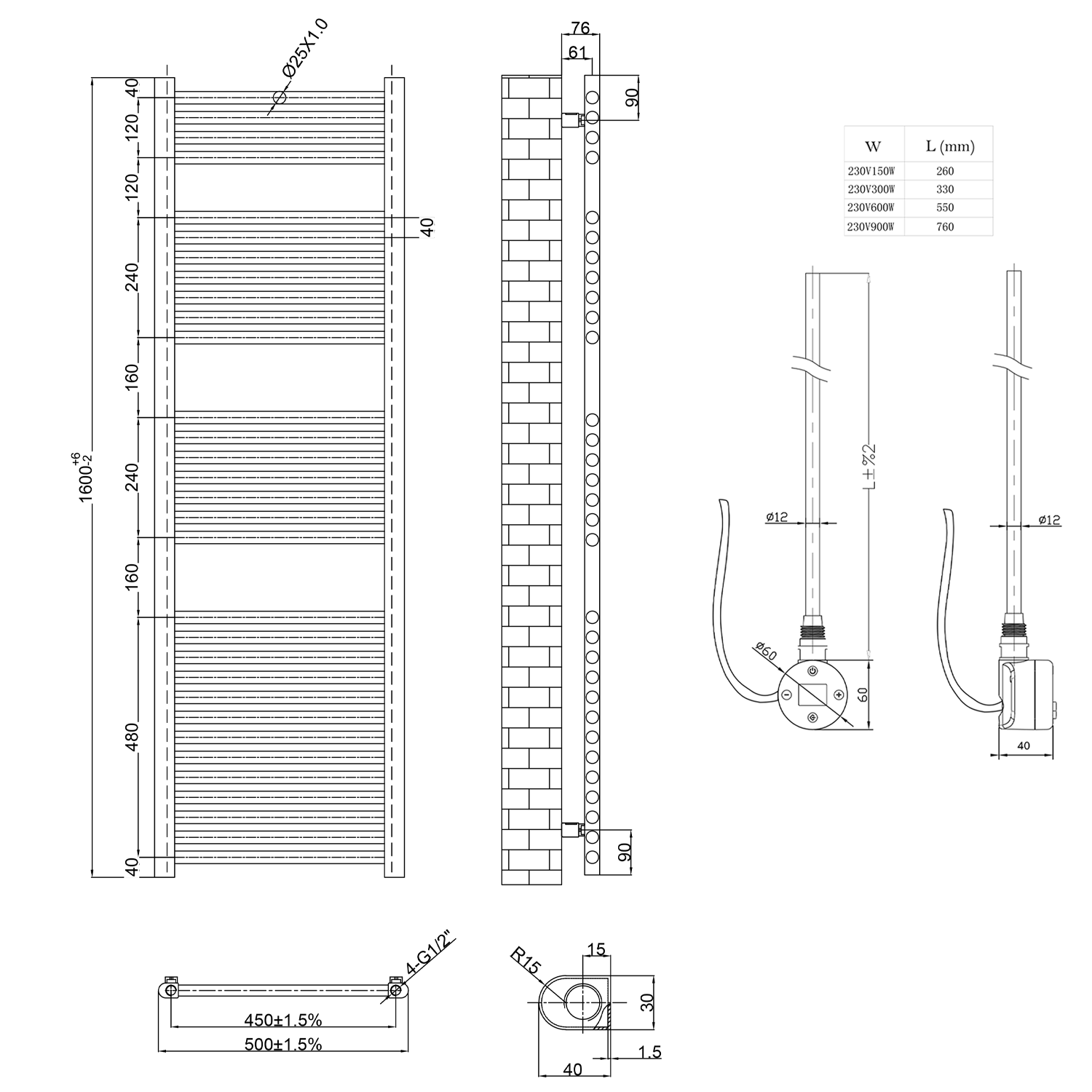 Toasty Glow Premium Matt Black 25mm Electric Heated Towel Rail with Heating Element