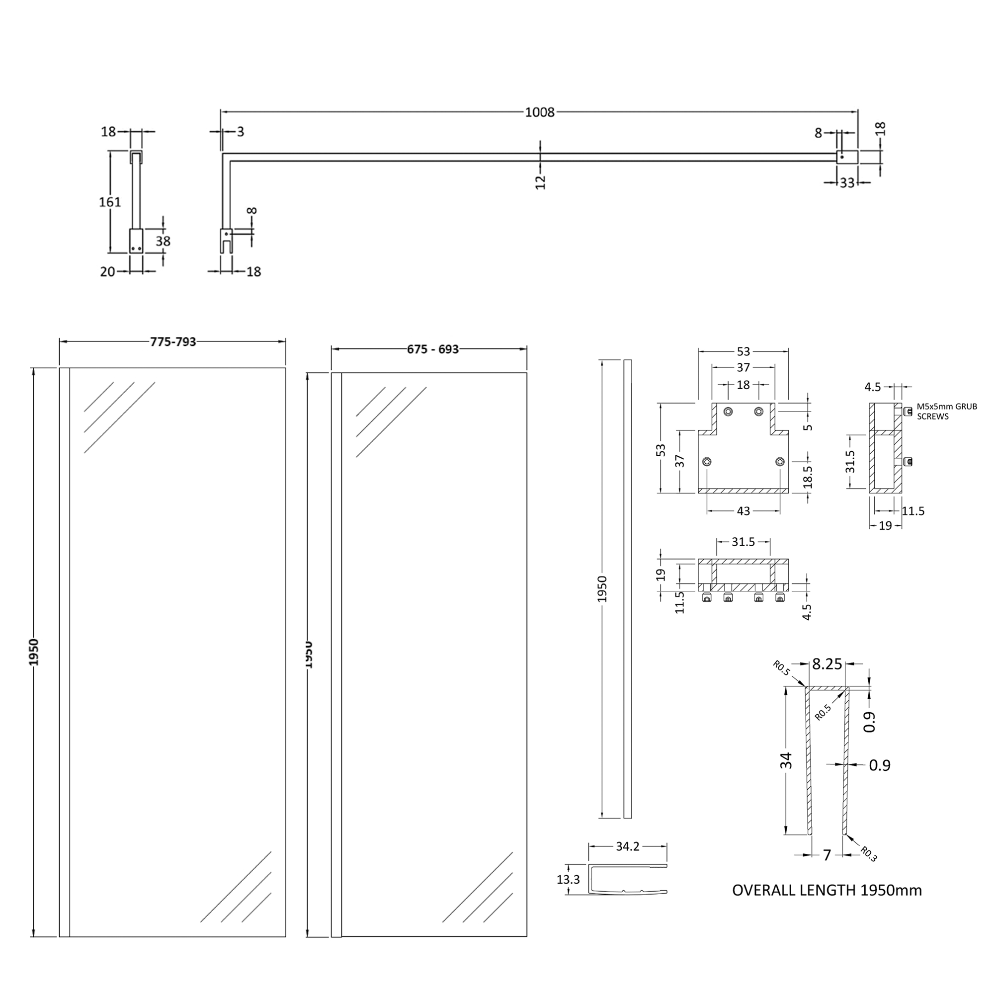 Harbour Frame Brushed Brass Walk in Glass Shower Screen 2 Panel Pack with Support Bar