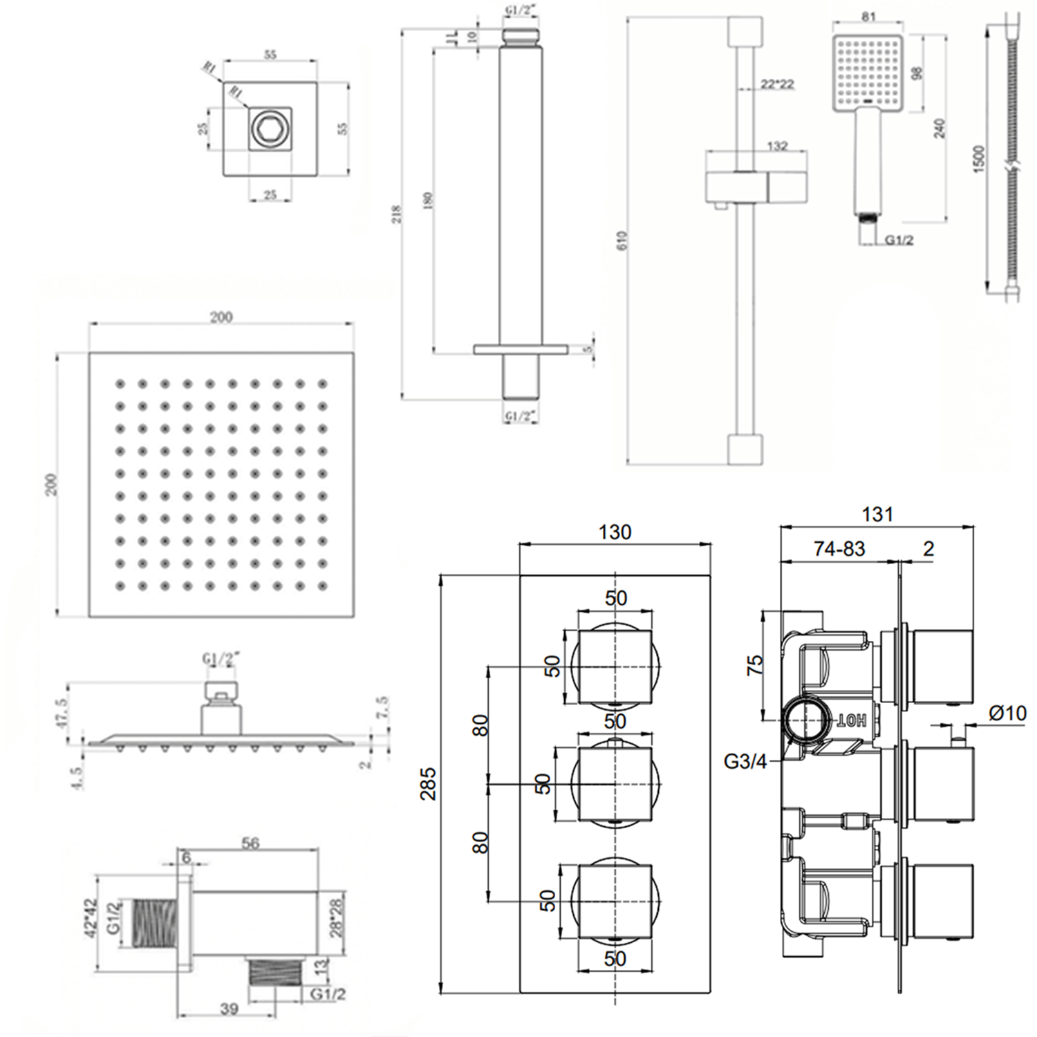 Harbour Status Concealed Shower Valve, Fixed Ceiling Mounted Head & Slide Rail Kit - Matt Black