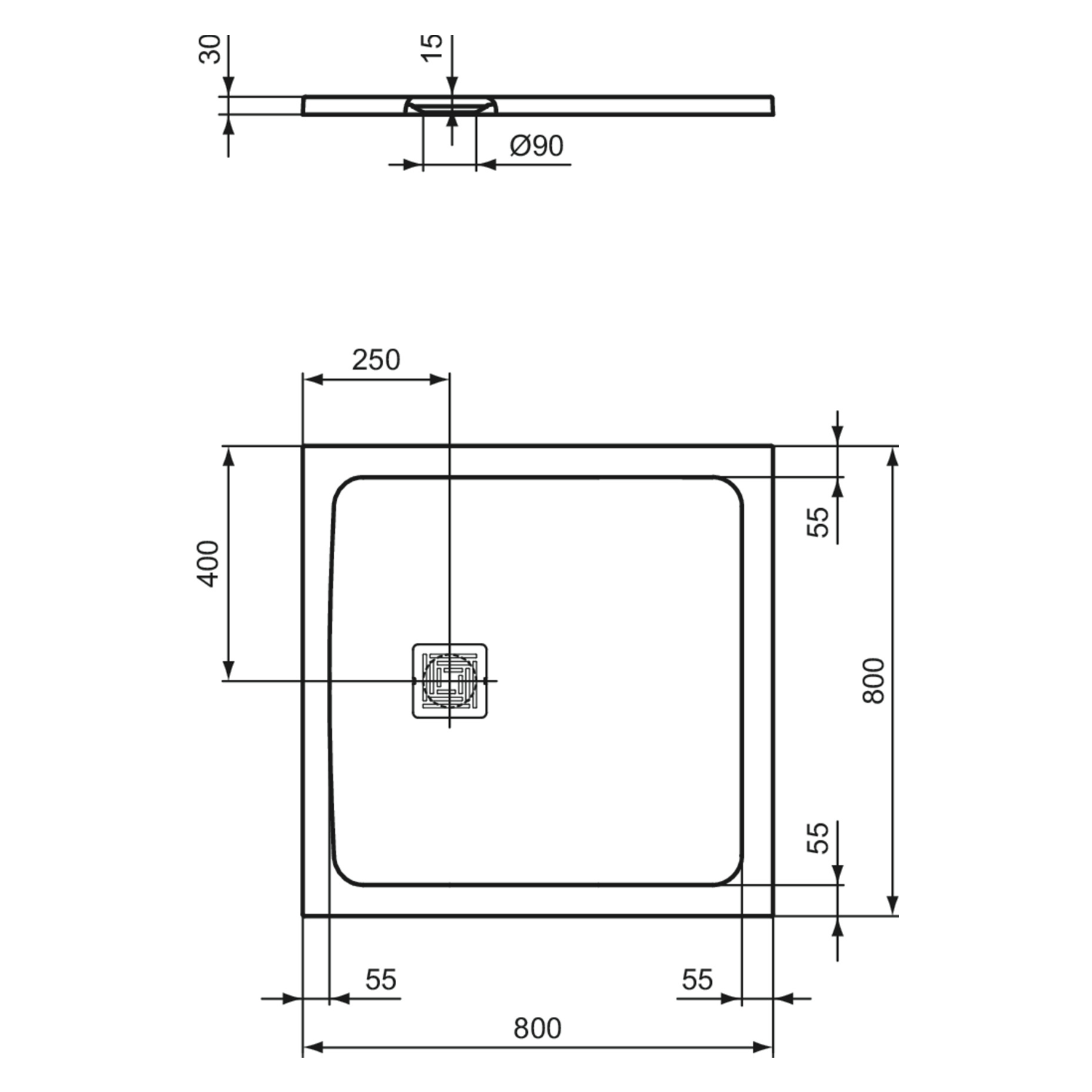 Ideal Standard Ultra Flat S+ Jet Black Square Anti-Slip Stone Resin Shower Tray - 2 Sizes