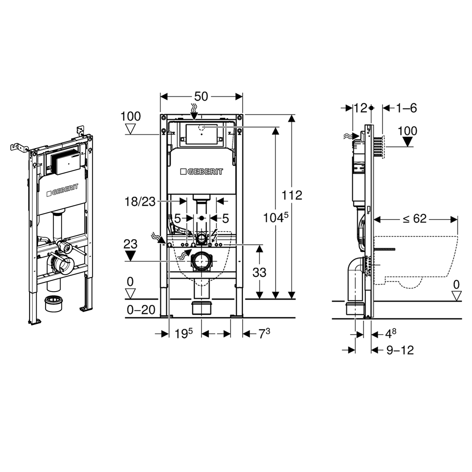 Geberit Duofix 1120mm Frame & Alpha Concealed Cistern for Wall Hung Toilet