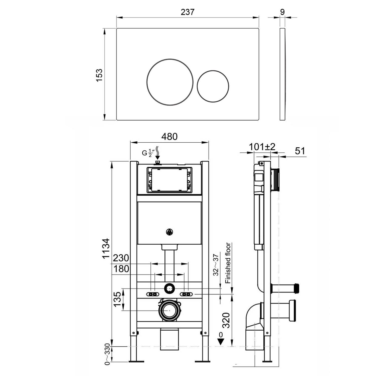 Drench Wall Hung Toilet Frame, Pneumatic Concealed Cistern & Dual Flush Plate with Round Buttons