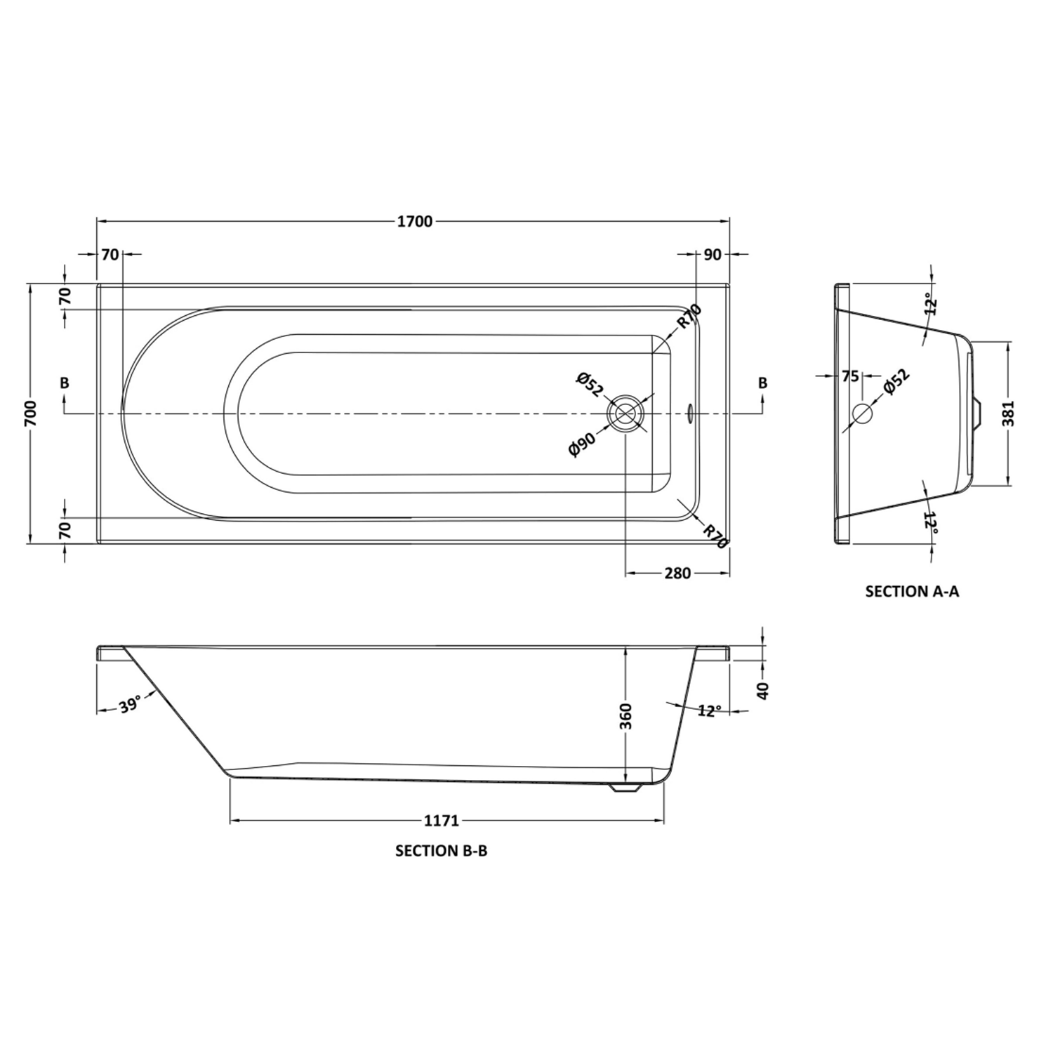 Drench Straight Single Ended Bath - Curved