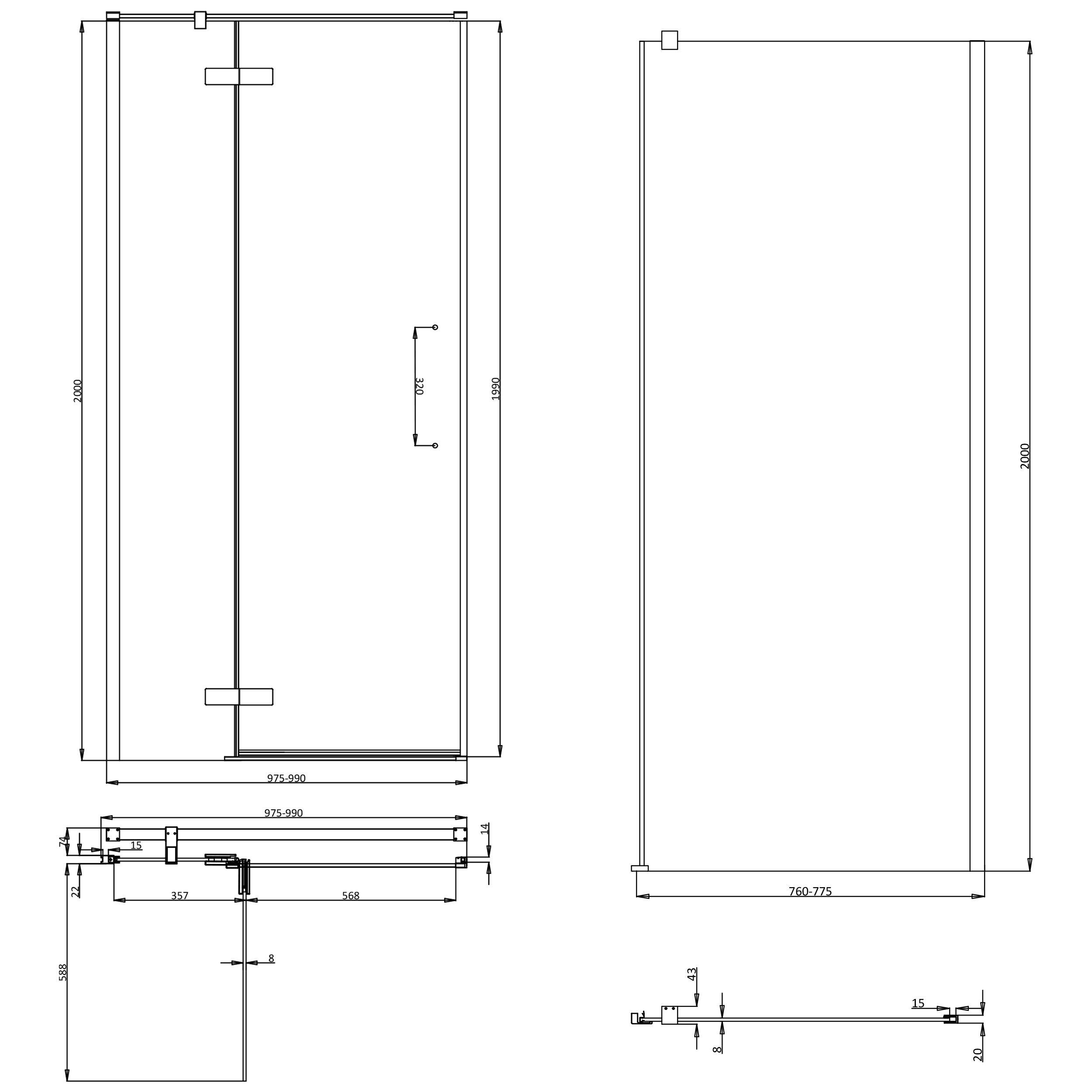 Crosswater Asura 8mm Brushed Brass Hinged Shower Door with Inline Panel & Optional Side Panel