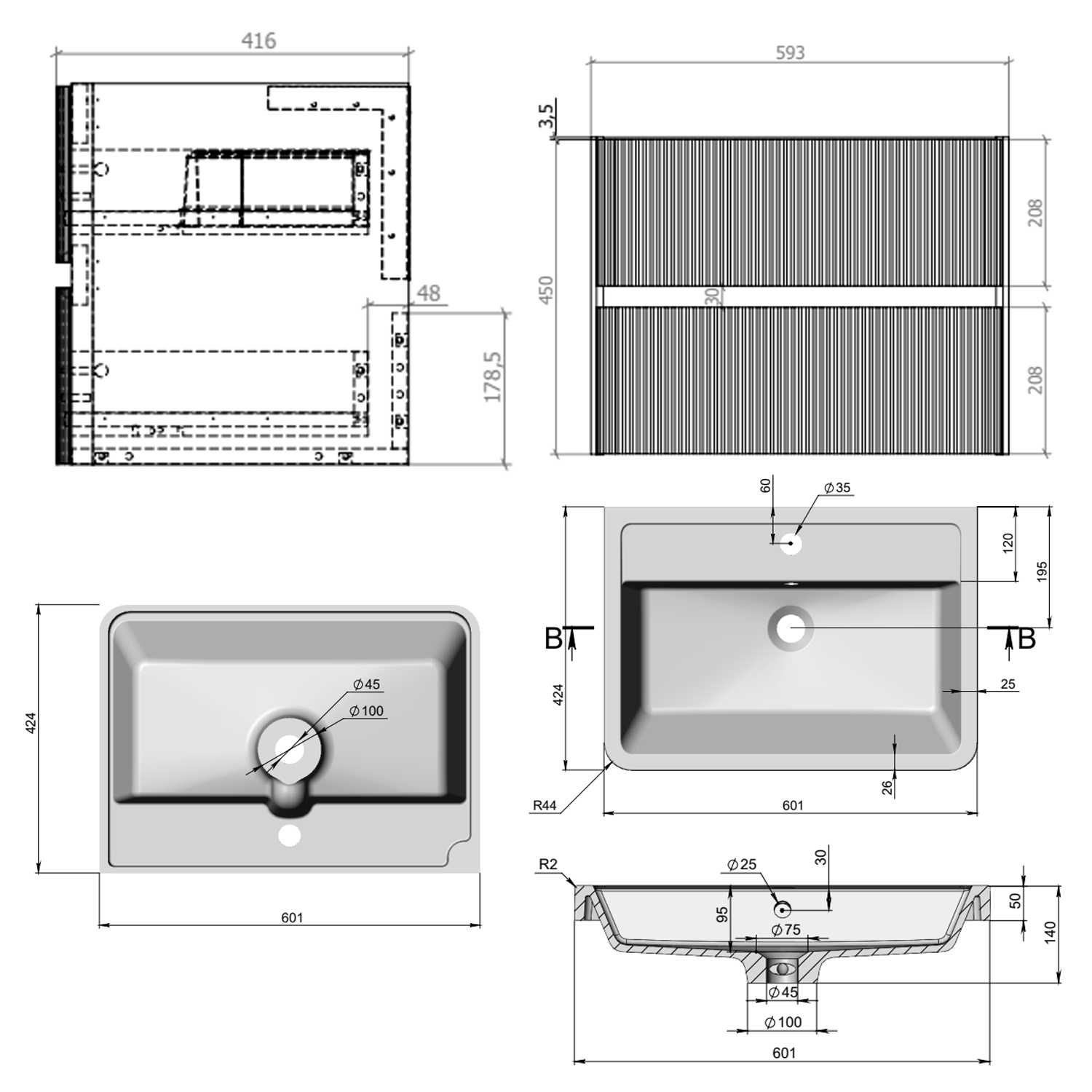 Drench Origin 600mm Fluted Wall Mounted Vanity Unit & Basin
